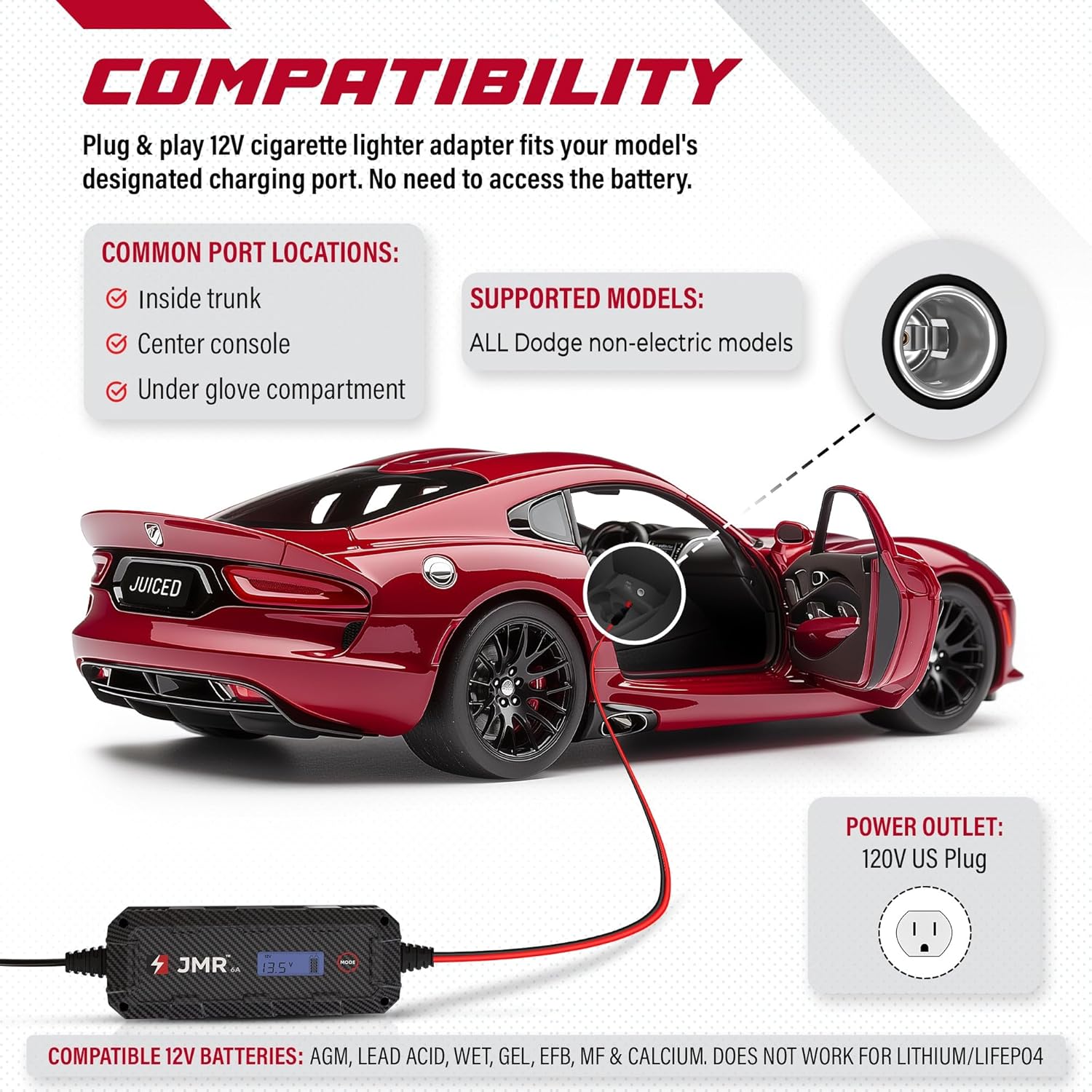 JMR Battery Charger for Dodge Viper Durango Charger Challenger Ram Sprinter Hornet Magnum Journey Caravan All Models Trickle Charger Conditioner Maintainer (No Lithium Mode)