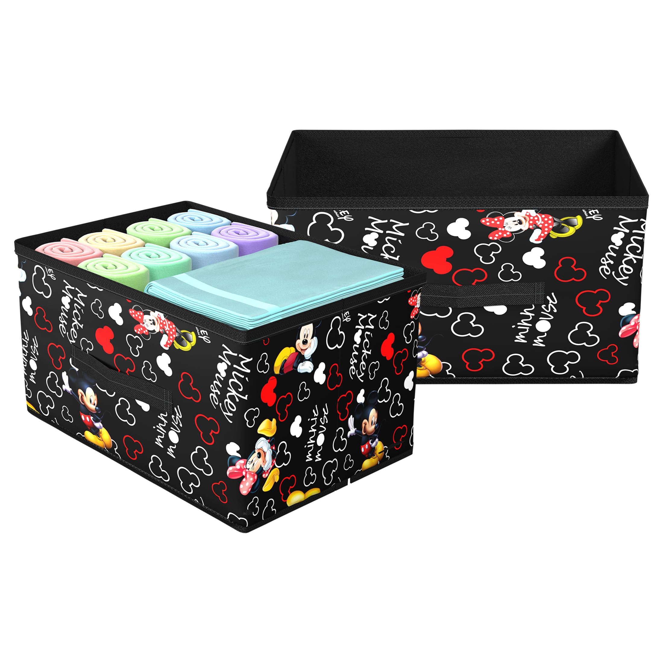 Kuber Industries Foldable Boxes For Storage (Pack of 2) - Multipurpose Storage Organizer For Clothes | Wardrobe | Closet | Toys | Books - Disney Mickey Print - Undergarment Organizer Basket (Black)