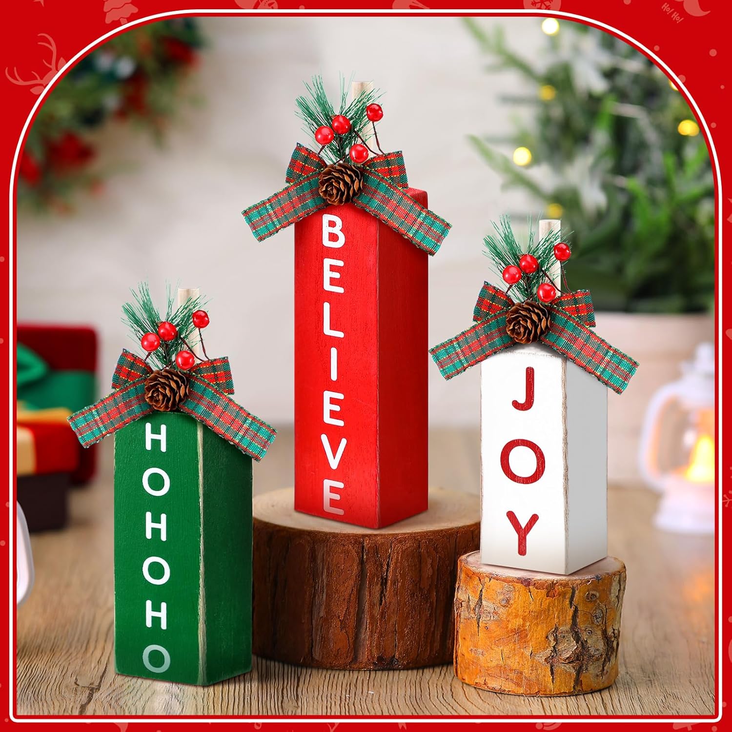 3 Pcs Christmas Table Centerpieces Rustic Wood Presents Xmas Wooden Faux Blocks, Joy Believe Hohoho Tiered Tray Decor with Buffalo Plaid Bowknot for Holiday Party Decoration - Image 5