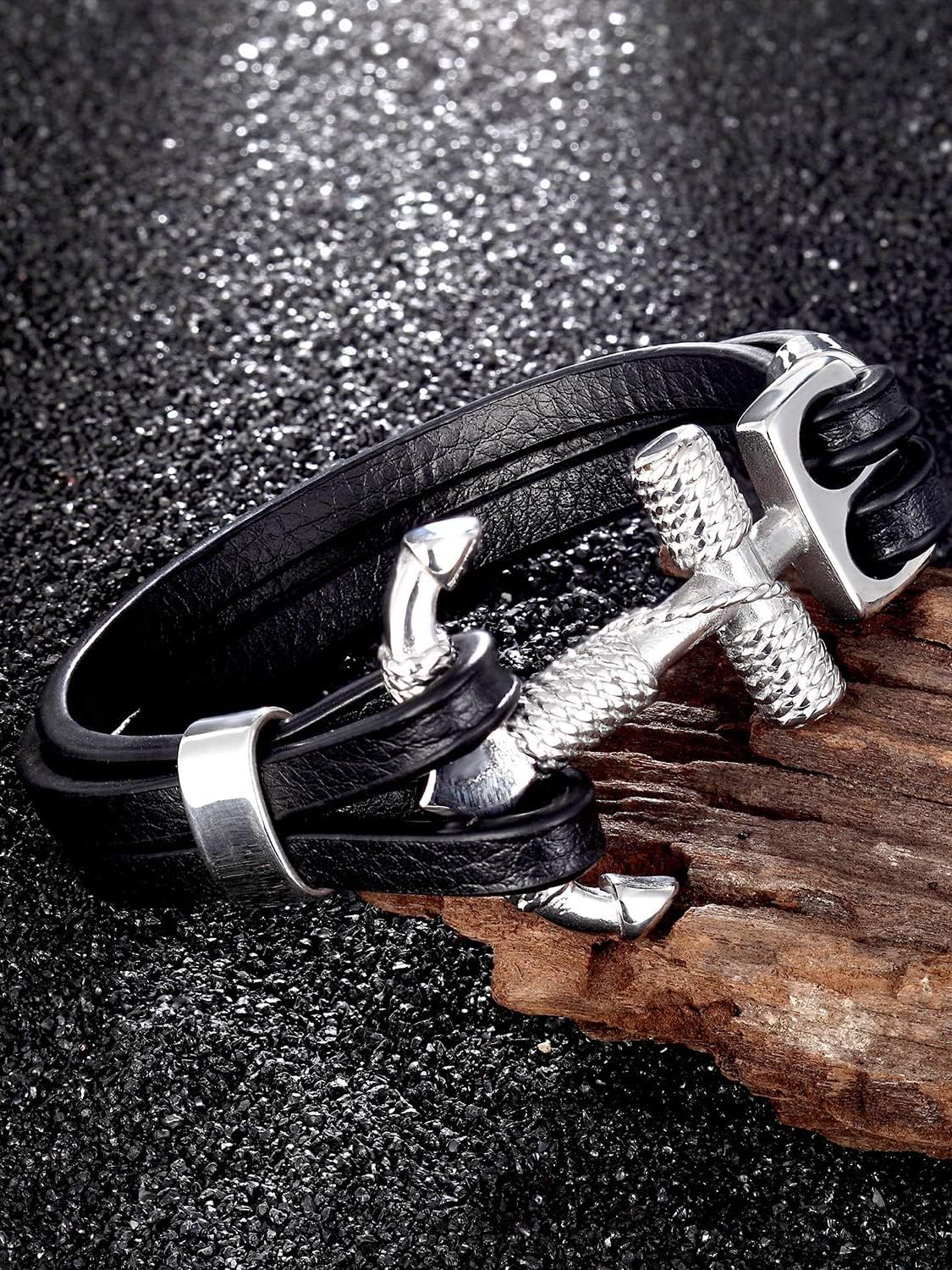 HAQUIL Double Layer Black Leather Fashion Bangle Bracelet for Men, Jewelry Gift for Men