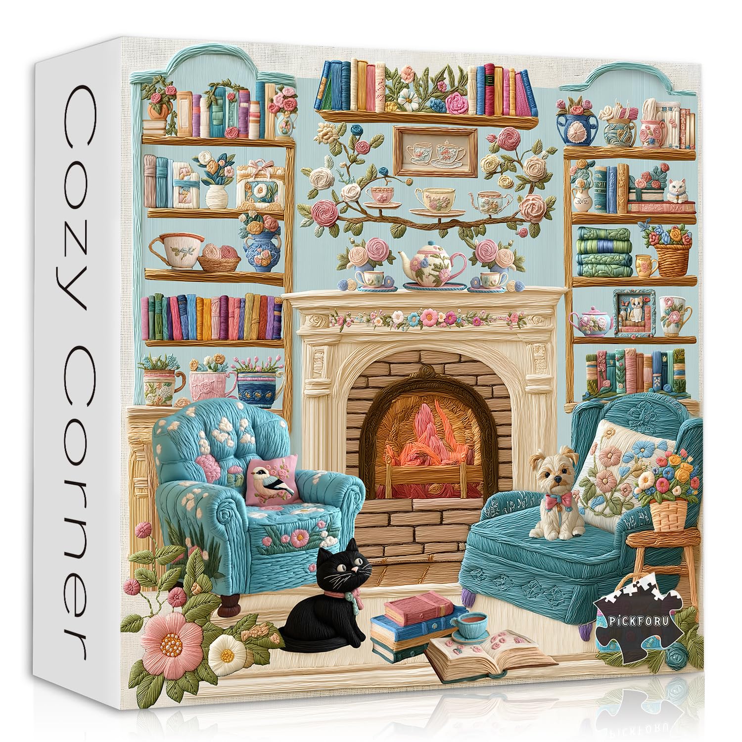 PICKFORU Cozy Puzzles for Adults 1000 Pieces, Dog Puppy Cat Jigsaw Puzzle Bookshelf Teacups, Embroidery Aesthetic Puzzle Cabin, Unique Modern Art Jigsaw Challenging
