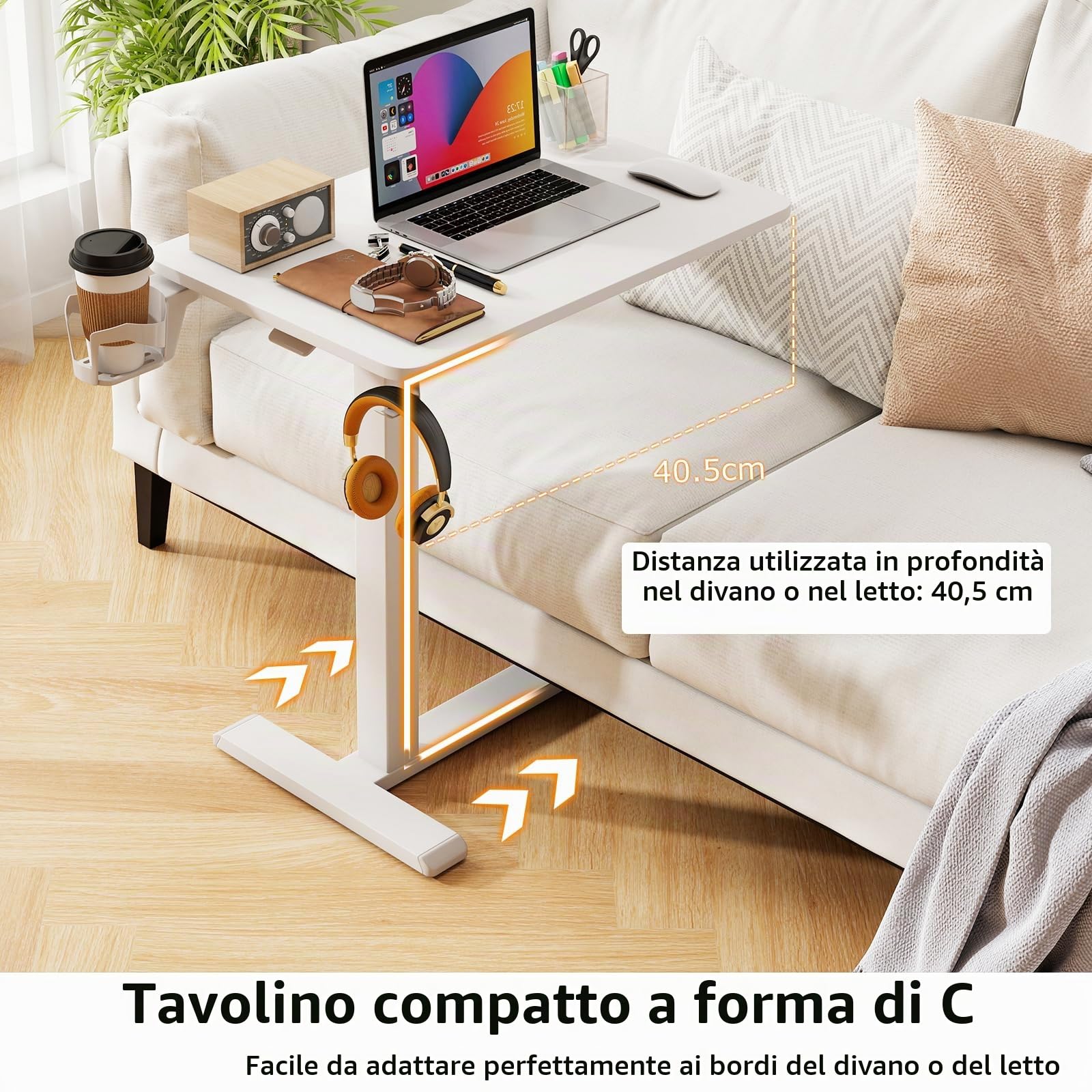 LIFEZEAL Tavolino da Divano a Forma di C, Altezza Regolabile, Tavolino Laterale per Letto, con Ruote Nascoste, Portabicchiere, Ganci Cuffie, Porta Laptop, PC, Serviletto, Soggiorno, Salotto (bianco)
