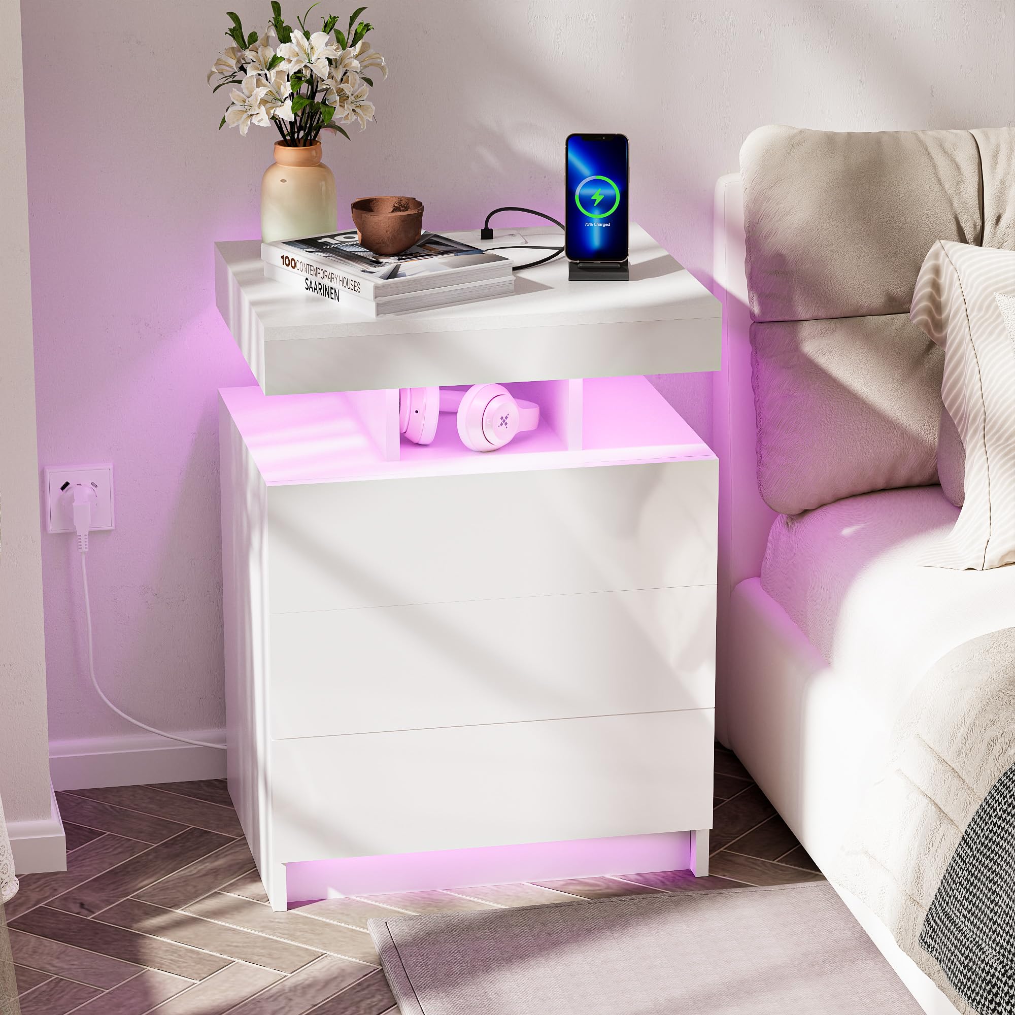Ztexkee Bedside Table with Charging Station 50x40x68 cm Big Nightstand with RGB light End Table 3 drawers Large Side Table for Bedroom Living Room White