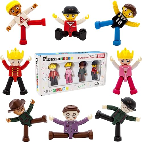 Miniatura 5 de PicassoTiles Figuras magnéticas + 100 azulejos magnéticos + 2 camiones de automóvil, juego de expansión de imán de acción de personajes de 8 piezas,