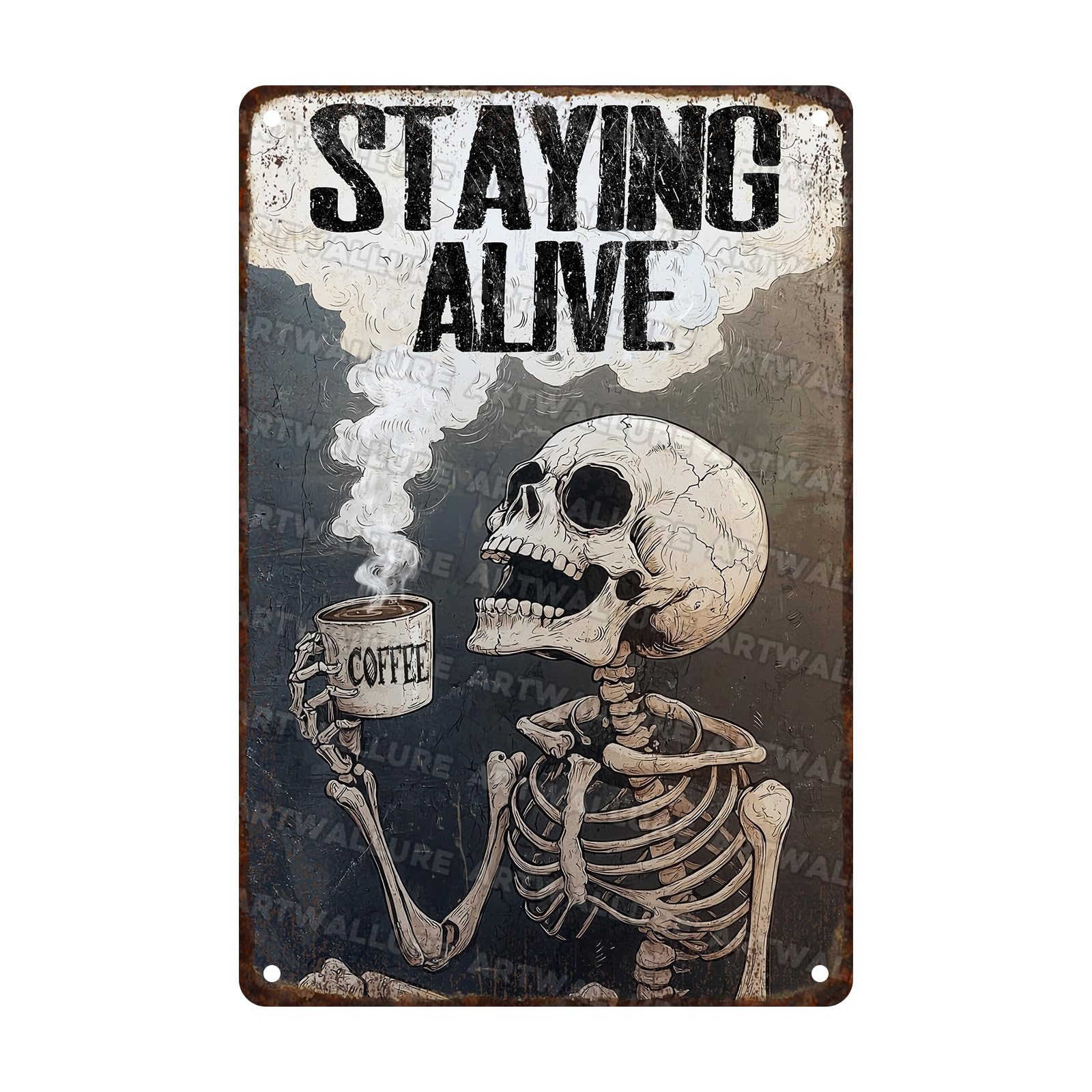 Vintage Skull Coffee Metal Tin Sign Staying Alive Sign for Bar Decor Funny Coffee Home Office Kitchen Decor 8x12inch