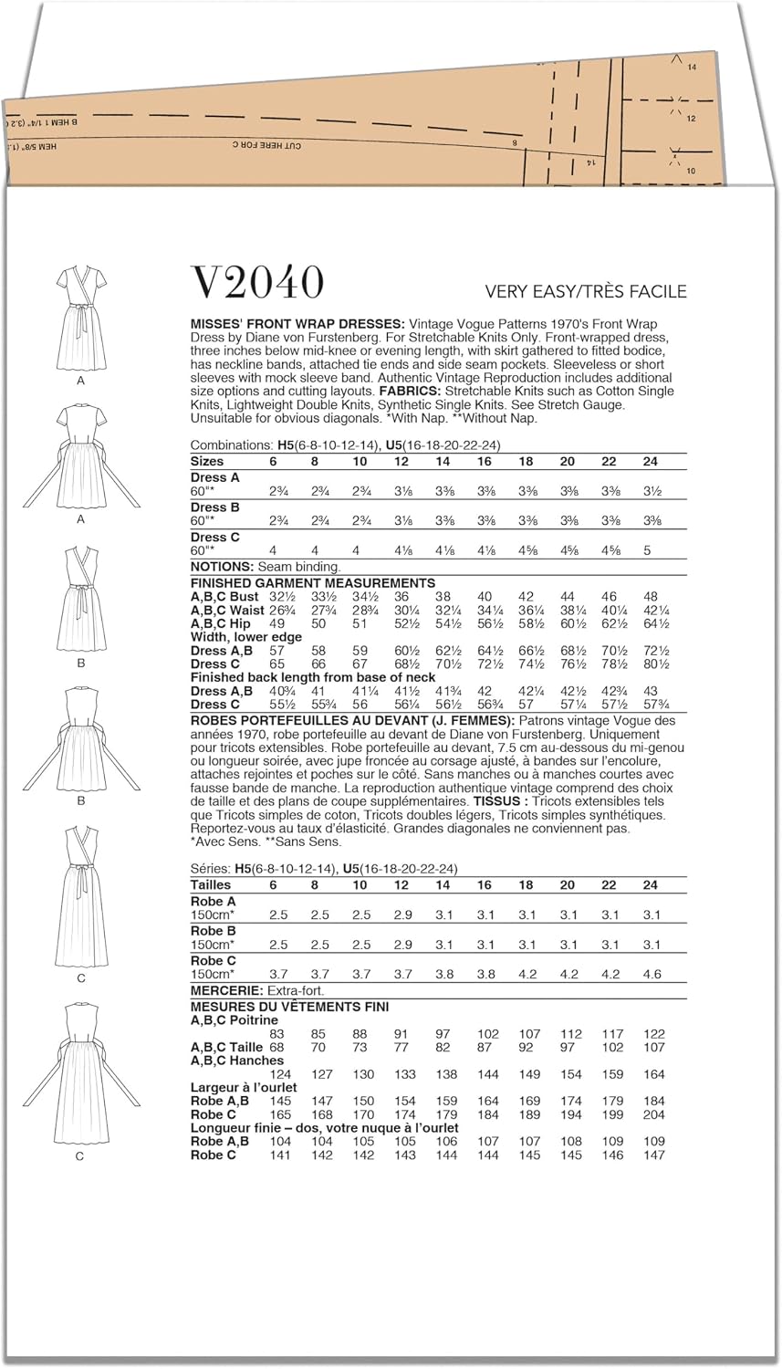 Vogue V2040U5 Misses' DVF Wrap Dress Sewing Pattern Packet by Diane Von Furstenberg, Design Code V2040, Sizes 16-18-20-22-24