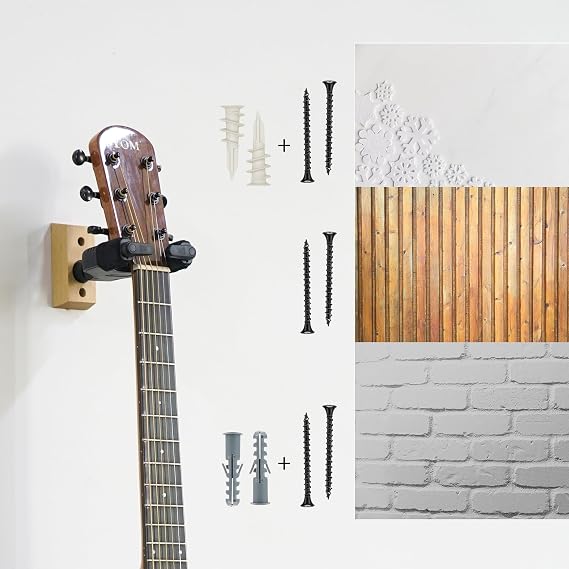 Sondery Guitar Hanger Wall Mount, Auto Lock and Adjustable Hook Holder for Acoustic and Electric Guitar, Ukulele, Bass, Banjo and Mandolin (W 2 PACK) | Hook Holder with Safely Cradles Nitro-Finished and High-End Guitars,Wood,2 pack