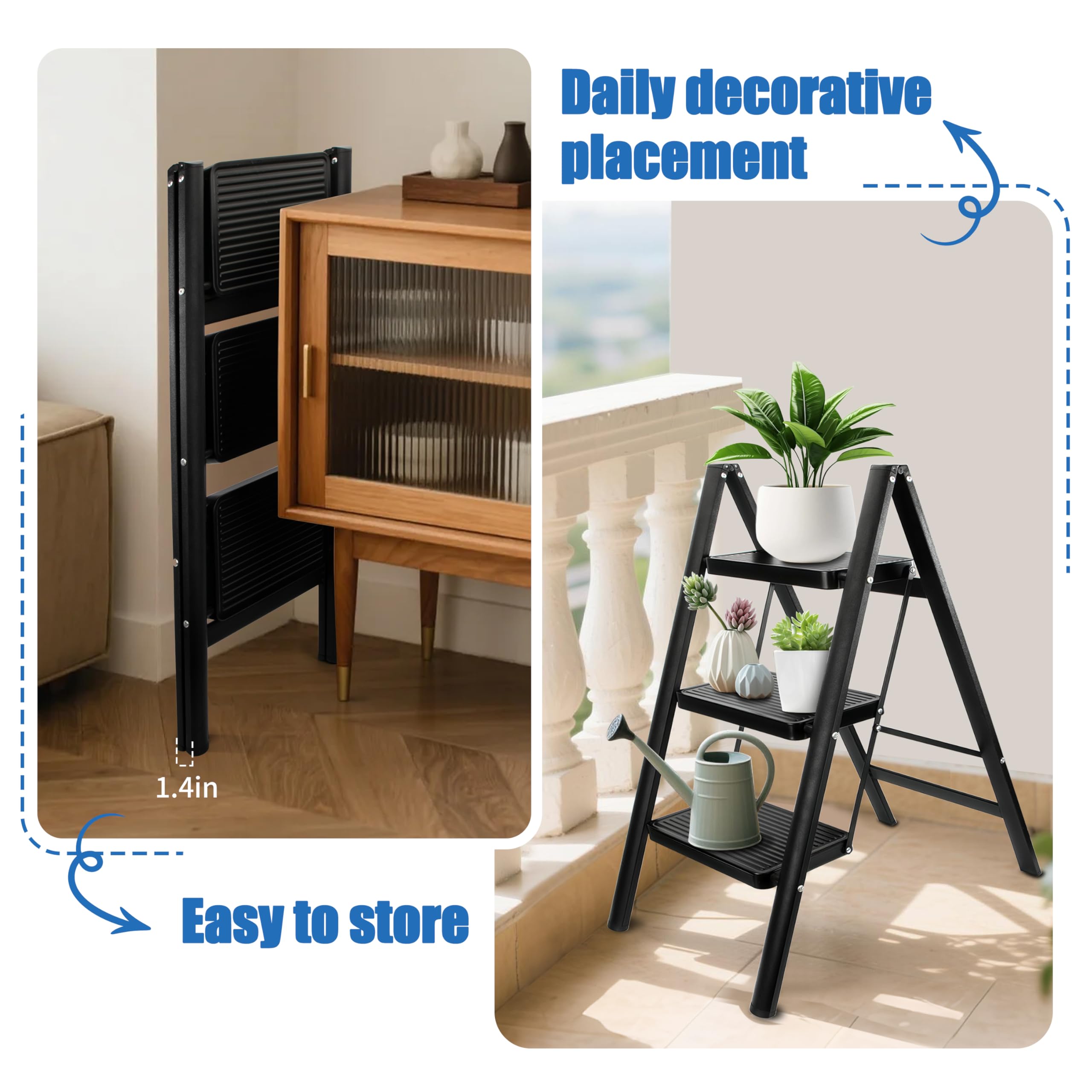 Escabeau Pliable 3 Marches, Tabouret de Marche Pied Acier au Carbone Pliant avec Pédale Antidérapante, Léger et Portable pour Bureau et Cuisine, Charge Maximale 150 kg (Noir)