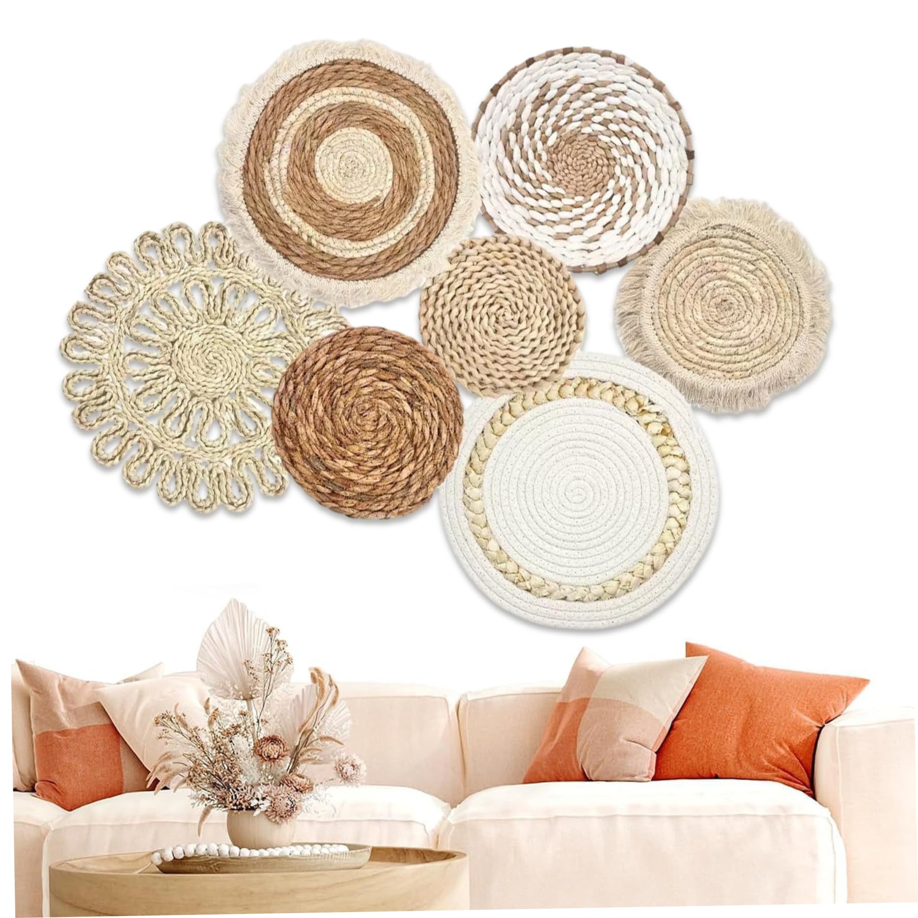 Hintyne Boho-Wandkörbe 7-teilig/Set Verschiedene Größen und Stile Boho-Wandkorb-Dekor Stroh gewebt und rund dekorative Kunst für Wohnzimmer Schlafzimmer Bauernhaus Kinderzimmer