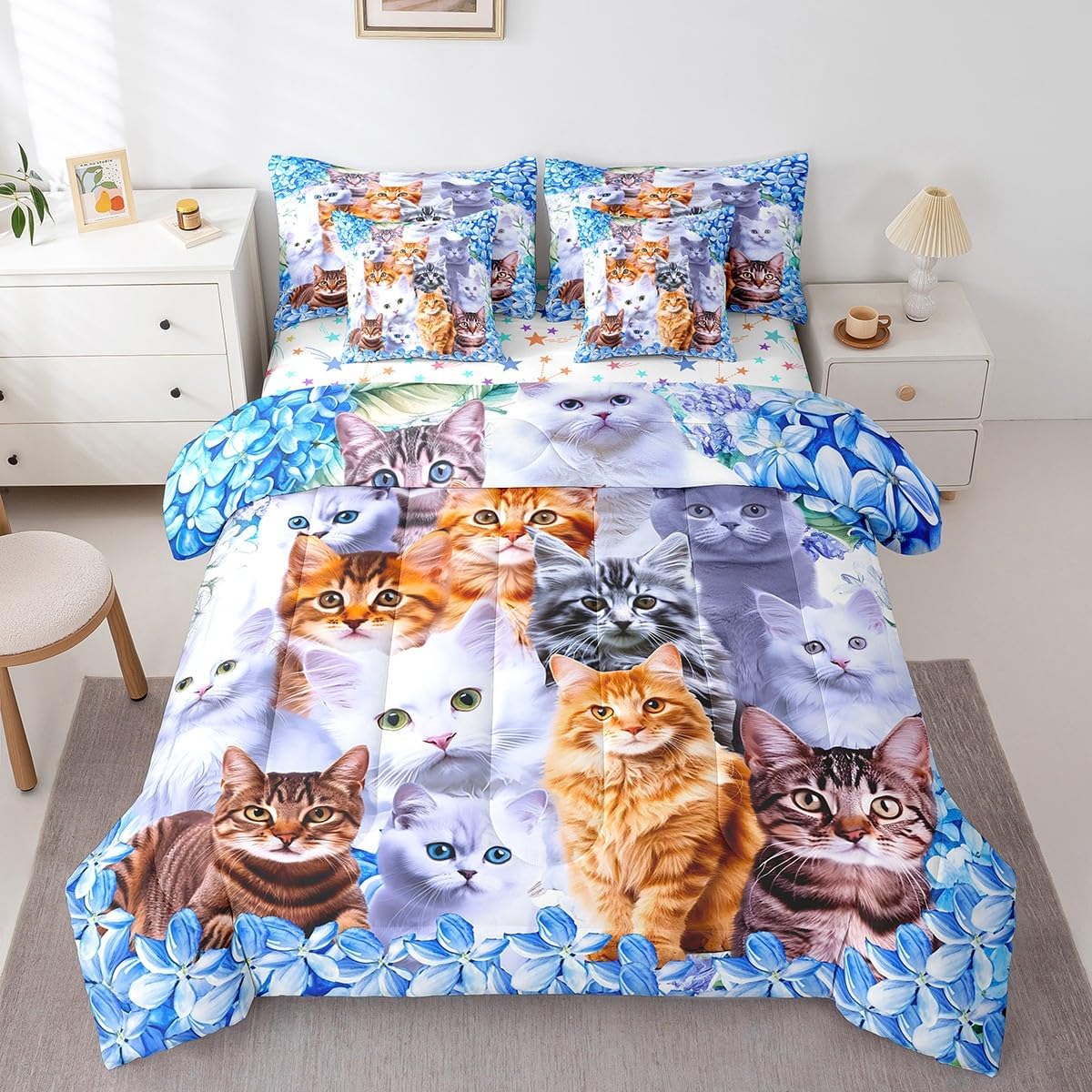 Feelyou Floral Cat 7 Piece Bedding Set with Sheets Twin Size Blue Cat Comforter Set with Sheets for Kids Teens Girls Bed Set Kawaii Animals Cute Decor Bedroom Soft and Lightweight(Reversible Stars)