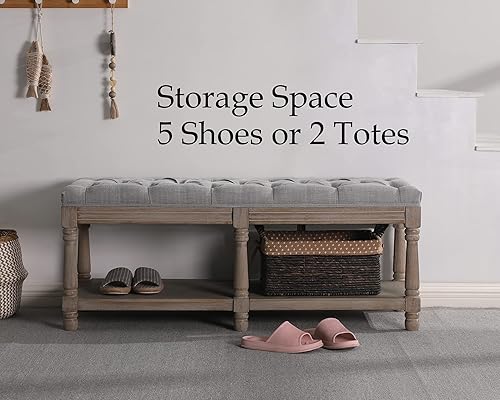 Miniatura 27 de Banco de almacenamiento de madera para entrada, banco otomano tapizado de lino con botones con patas negras para dormitorio, extremo de la cama, 45