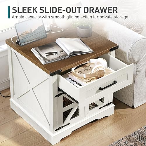 Miniatura 5 de Juego de 2 mesas auxiliares blancas de granja, mesa auxiliar grande para sofá de 24 pulgadas con cajón, mesa auxiliar grande para sala de estar,