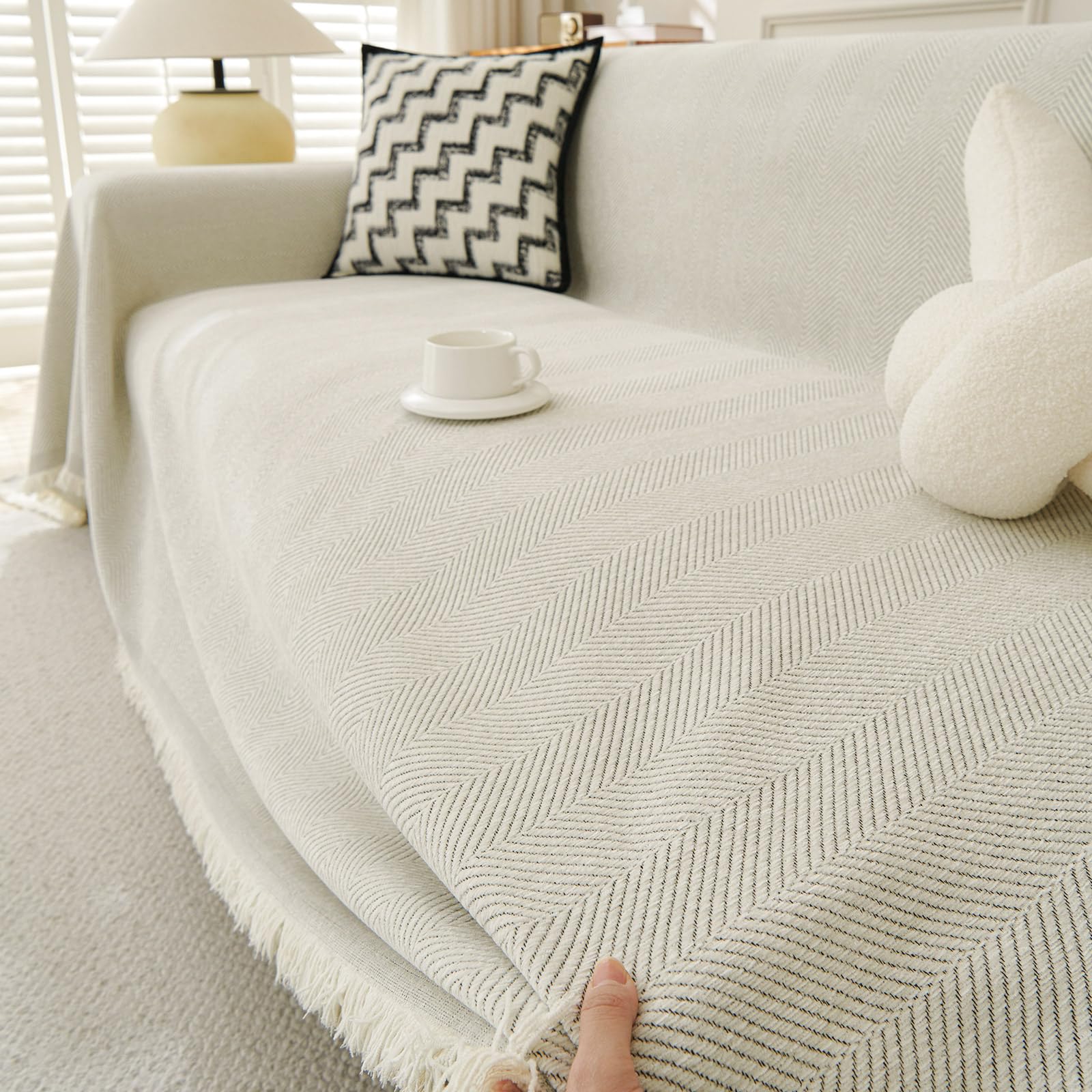 Manta grande de felpilla para sofá de 2 y 3 plazas, manta extra grande para sofá, manta suave para silla, sofá y cama, color blanco roto 230 x 300 pulgadas