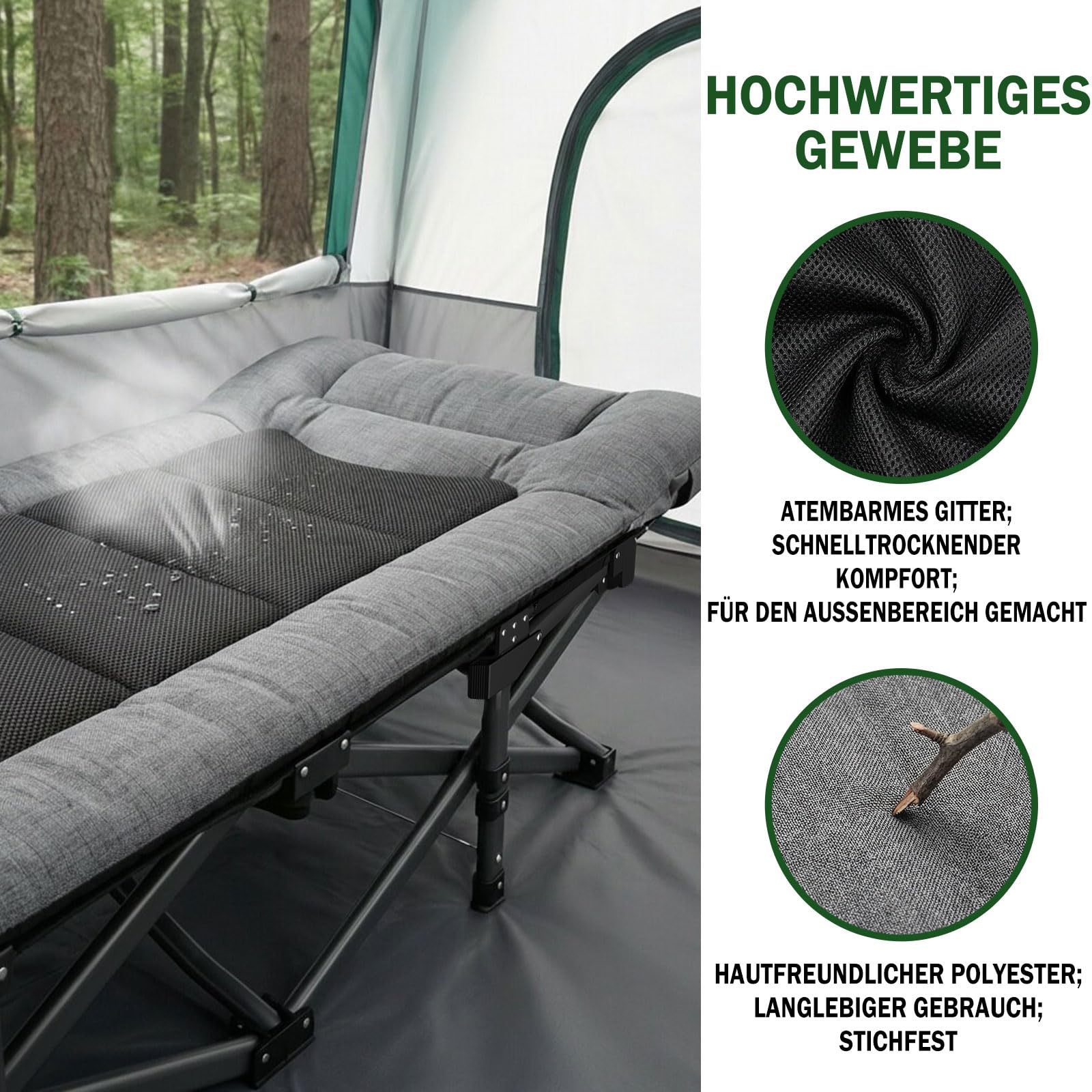 Campingbett feldbett klappbar, verstellbarem Kopfteil & mit bequemer Polsterung– tragbares Campingbett bis 200 kg Belastbarkeit, inklusive Tragetasche