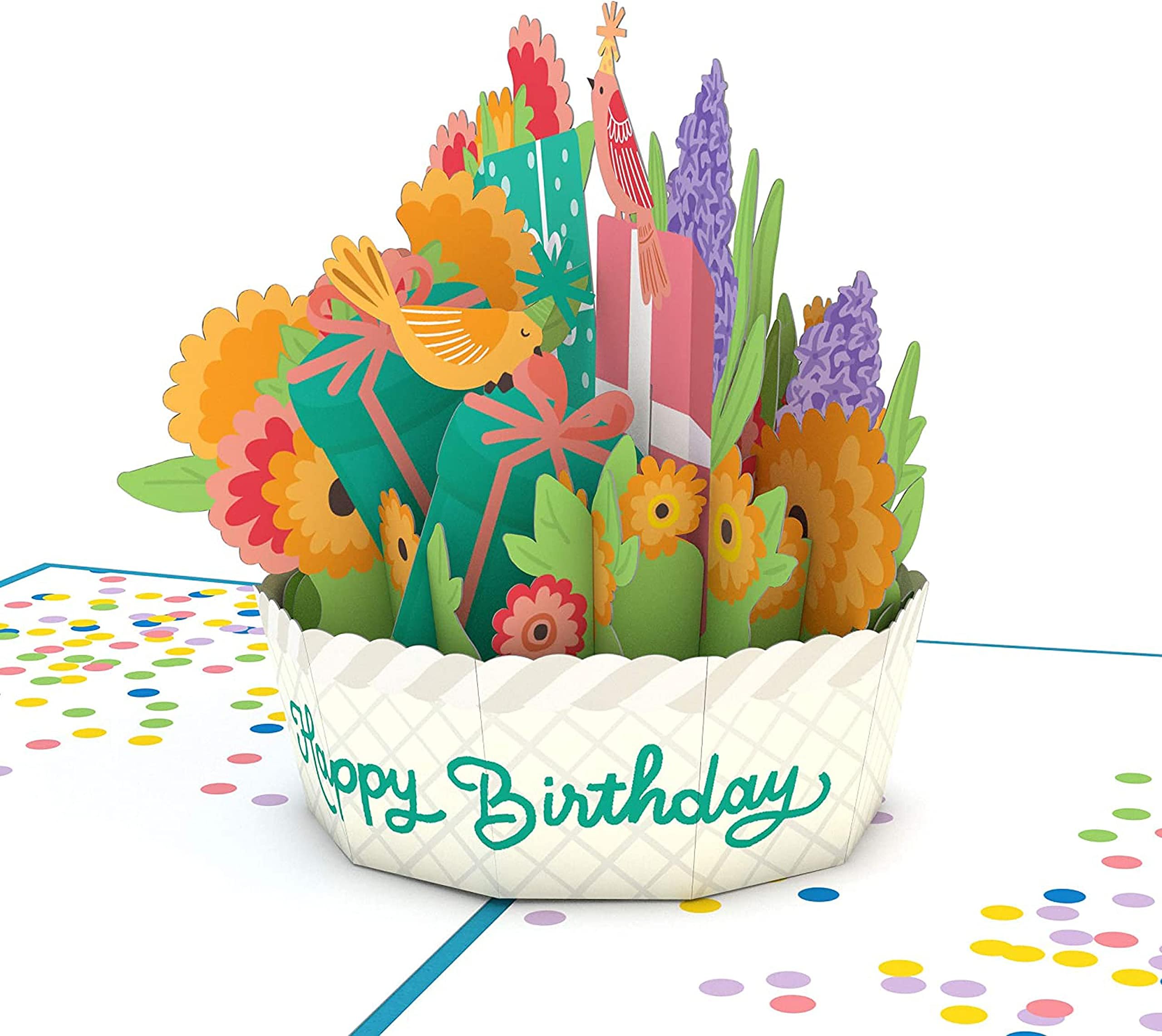 Happy Birthday Pop-Up Card for Her and Him- 3D Floral Birthday Greeting Cards for Boys, Girls, Men, Women - Full of Fun - 5" x 7" Bird Basket Bouquet Card - Blank Note Card & Envelope Included