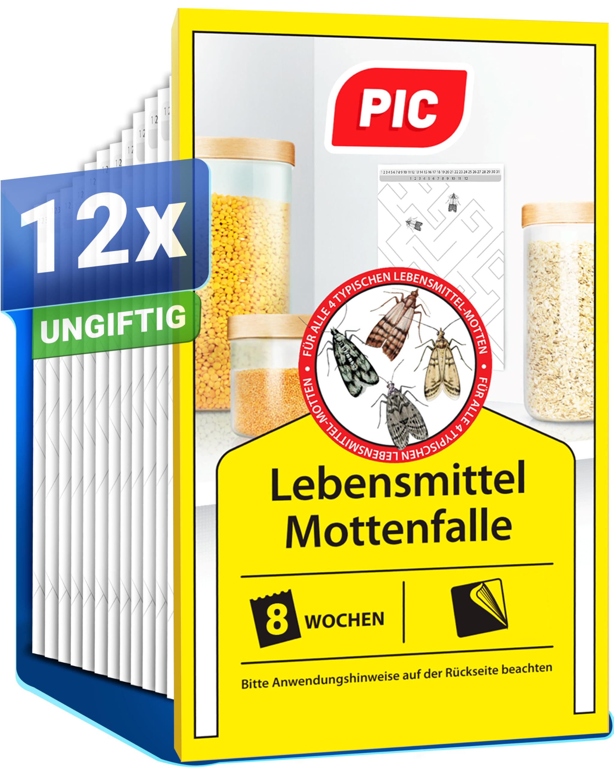 PIC Lebensmittelmotten Falle - 12 Lebensmittelmottenfallen - Mottenfalle mit Pheromon für ideale Wirkung - Mottenfalle Lebensmittel - Effektive Klebefallen zur Befallsermittlung von Lebensmittelmotten