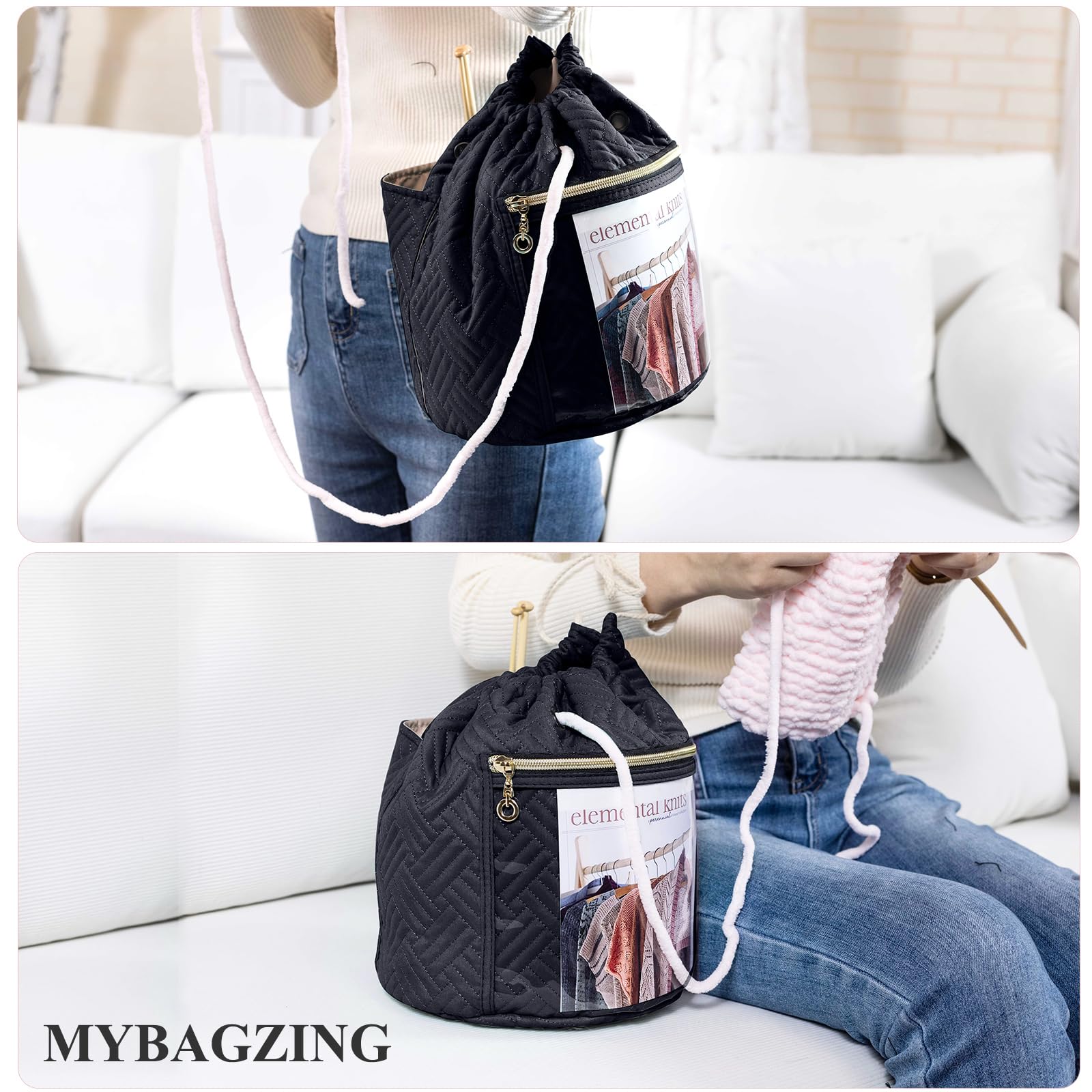 MYBAGZING Bolsa de Hilo, Organizador de Bolsas de Ganchillo pequeño, Bolsas de Almacenamiento de Hilo con cordón para Ganchillo, Bolsa de Tejer para Principiantes de Ganchillo, Soporte para Hilo,