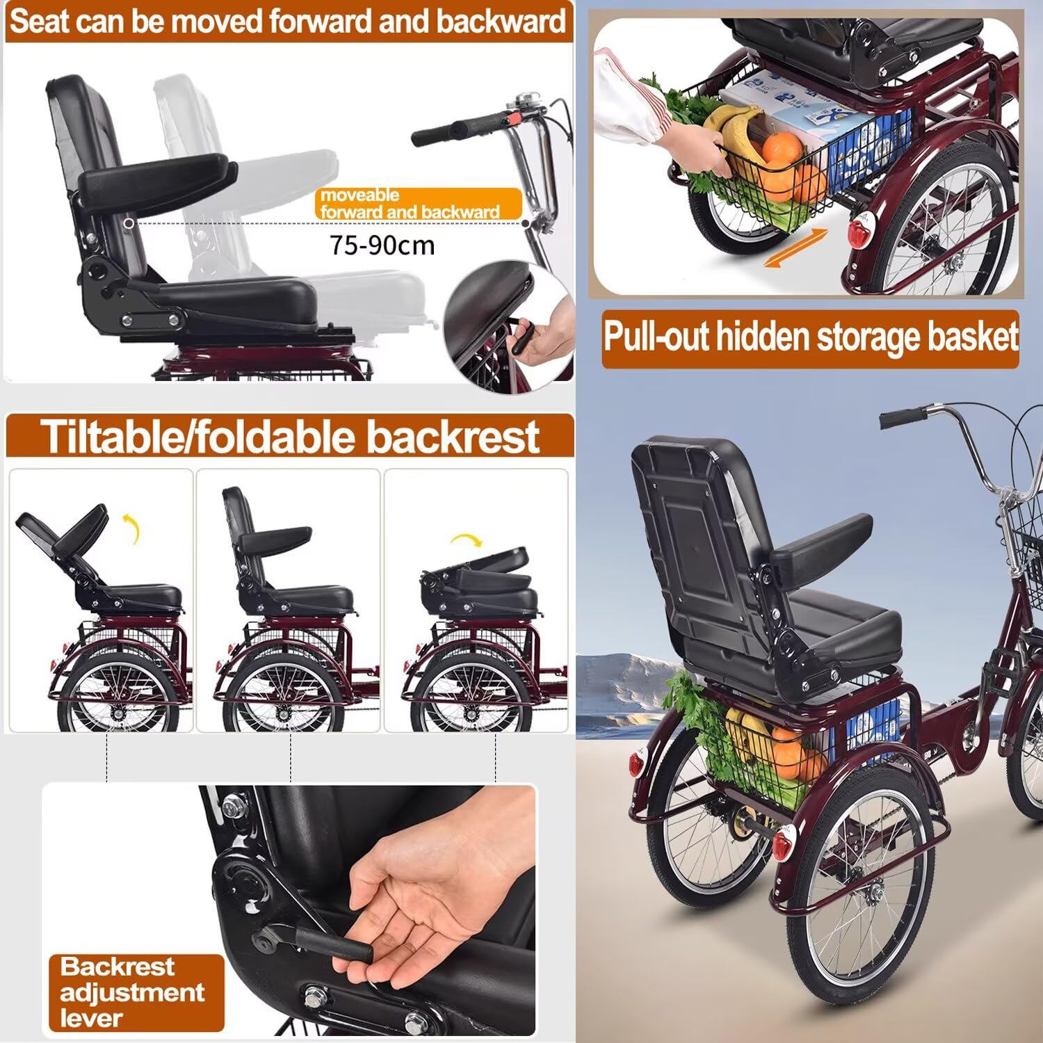 Triciclo para adultos con asiento ajustable y respaldo plegable, horquilla delantera hidráulica para un paseo suave, ideal para ocio y ejercicio