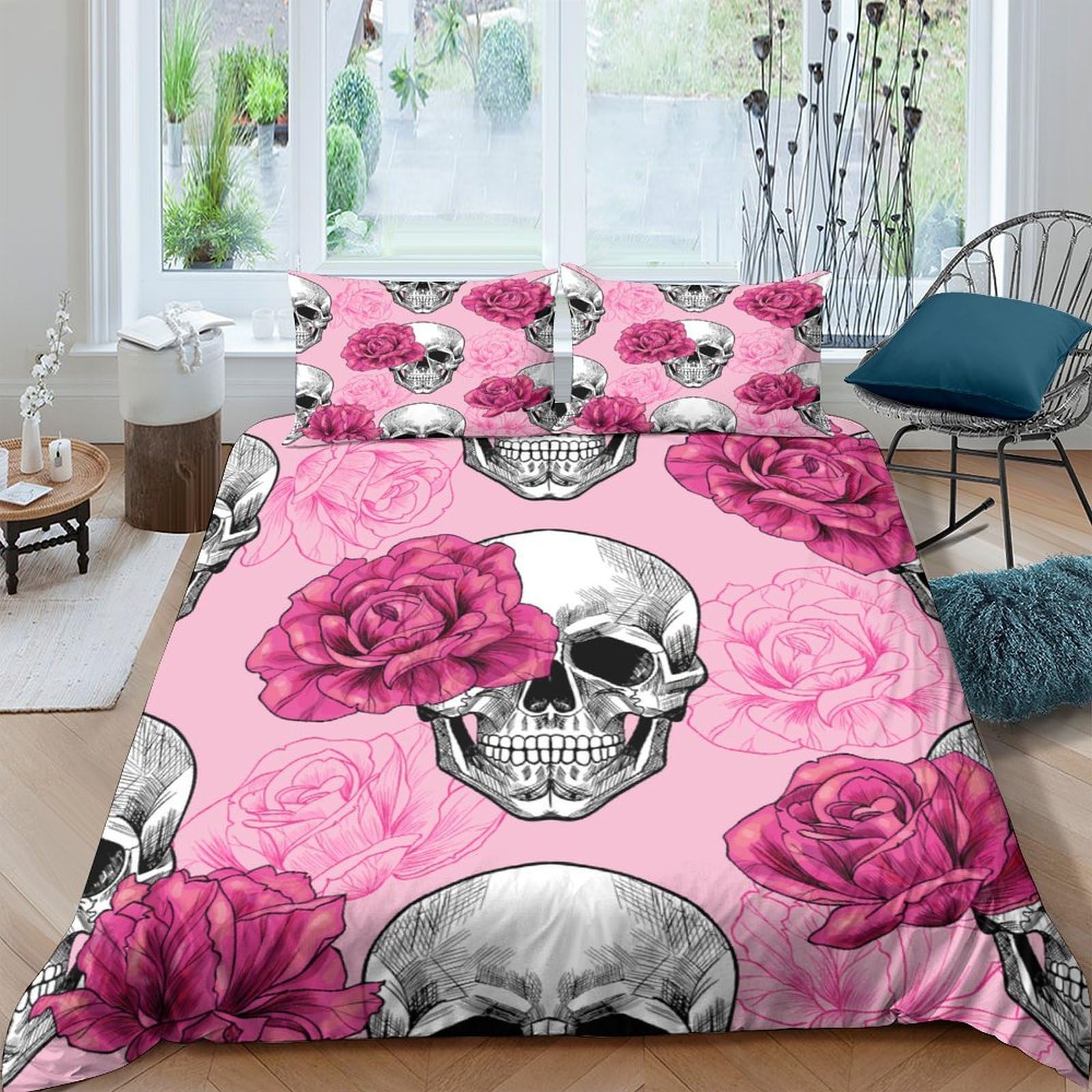 Ctjqhvkz Style-4 3D Printed Skull Rose Fitted Sheet Microfiber Pink Floral Bed Cover Anti-Slip Machine Washable Bedroom Decor For Home Guest Room Single（135X200cm）