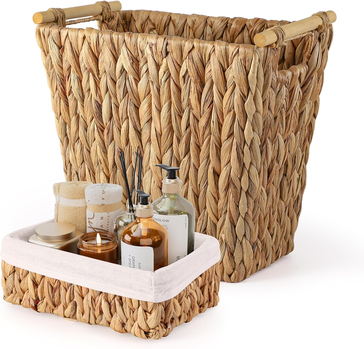 XLHOMO Wicker Storage Basket - 3.5 Gallon Waterproof Trash Can for Bathroom, Bedroom, Office