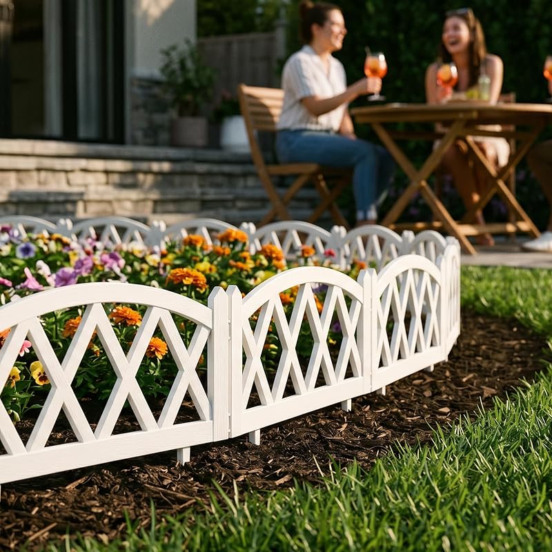 WORTH 4-Pack 10" H Short Plastic Garden Fence White Decorative Lawn Border | 8 ft. Total Length Interlocking Landscape Edging with Stakes for Flower Beds, Indoor Outdoor Use