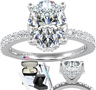 CMD 3ct Oval Moissanite Engagement Ring, 4 Prong, Hidden Halo, Semi Eternity Pave Setting, 18K White Gold-Filled Vermeil S925, Lab Grown GRA Certified & Engraved D Color VVS1 Clarity, Ready to Gift