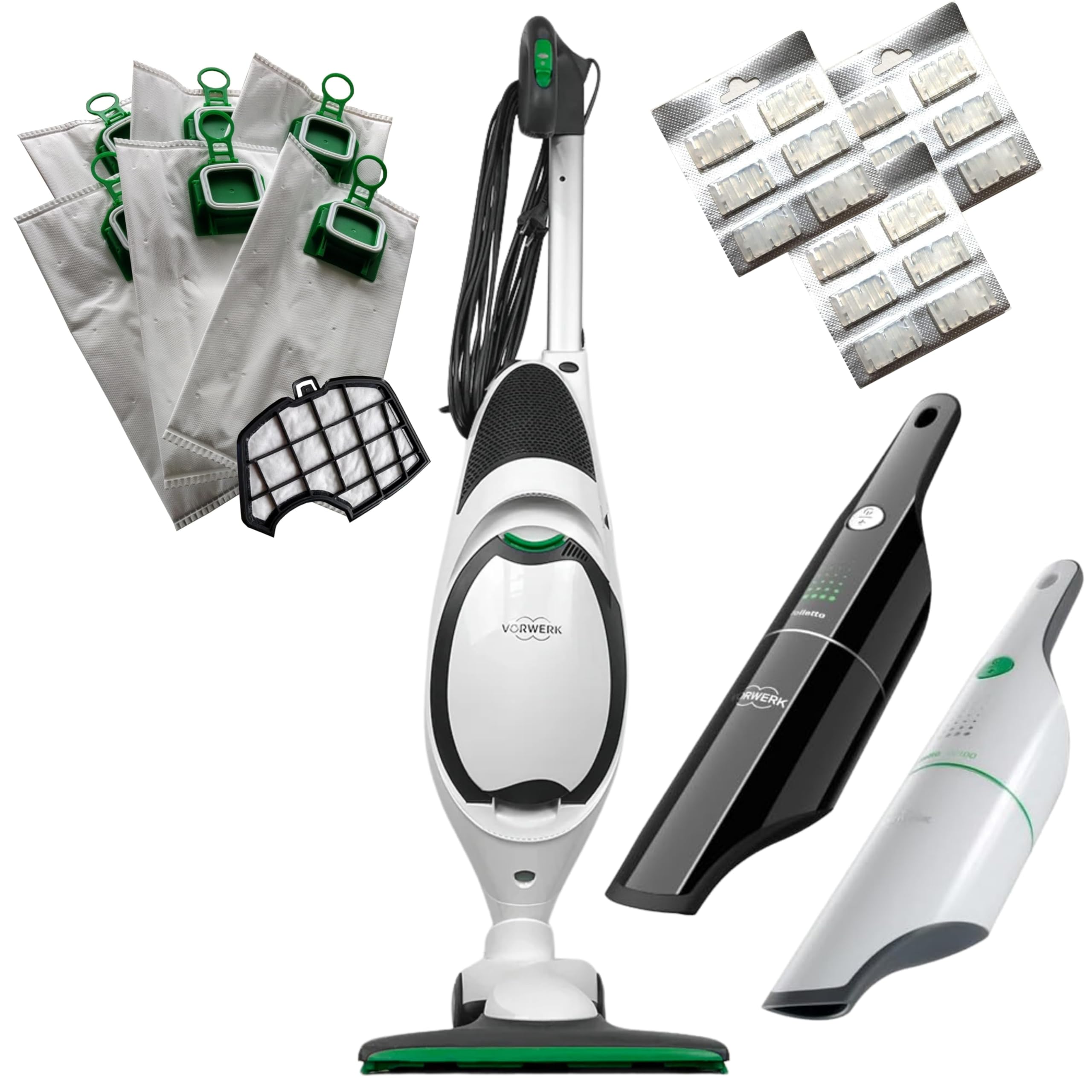 DIERRESTORE Aspirapolvere -FOLLETTO- VK150 NUOVA + Aspirabriciole (BIANCO O NERO SECONDO DISPONIBILITA) + HD50 - MOTORE ULTRA POTENTE + 6 SACCHETTI COMPATIBILI