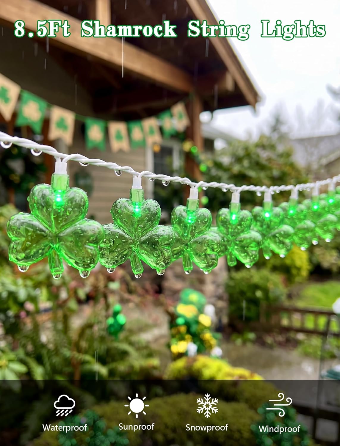 Shamrock String Lights, 8.5Ft St Patrick's Day Decorations with 10 3D Green Clover Lights, Plug in Clover Fairy String Lights for Party Bar Garden Bedroom Party Irish Holiday Decor - Image 6