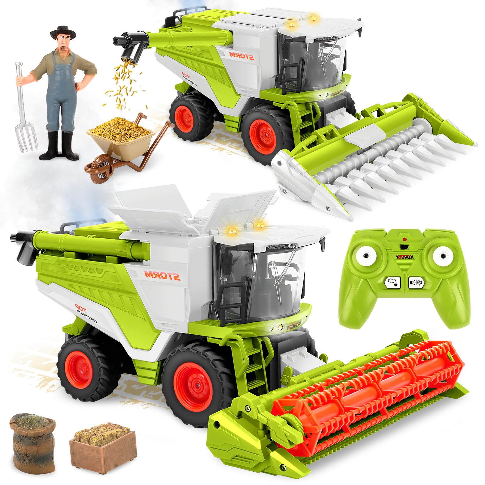 Charmofun Mietitrebbia Telecomandata con Spruzzatura, Trattore Radiocomandato per Bambini, 2,4 Ghz RC Trattore Giocattolo, Giocattoli Agricoltura Playset Regali