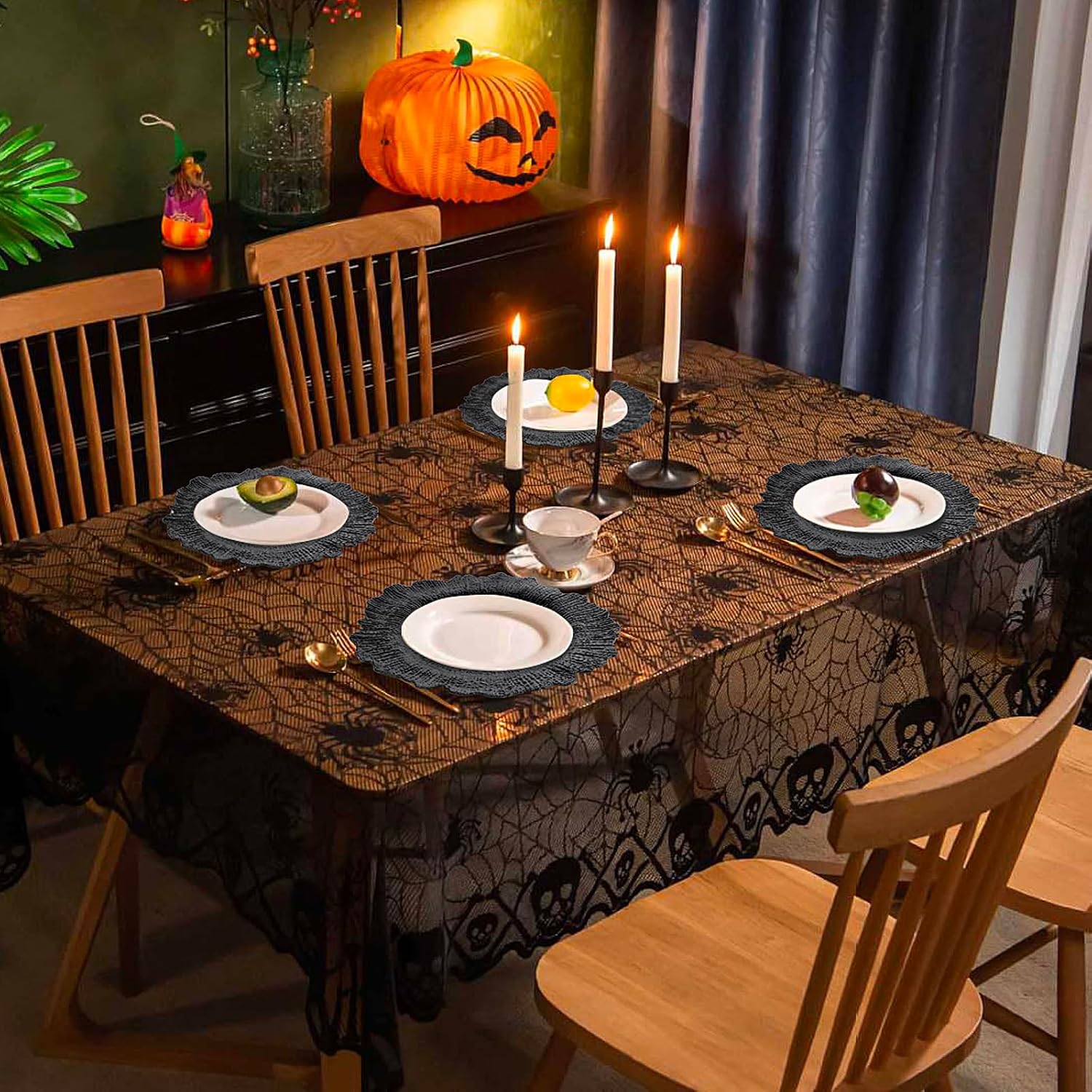 12PCS 13in Black Charger Plates Bulk- Round Plastic Chargers for Dinner Plates- Floral Reef Table Plate Chargers for Wedding, Halloween, Thanksgiving, Christmas, Party, Display