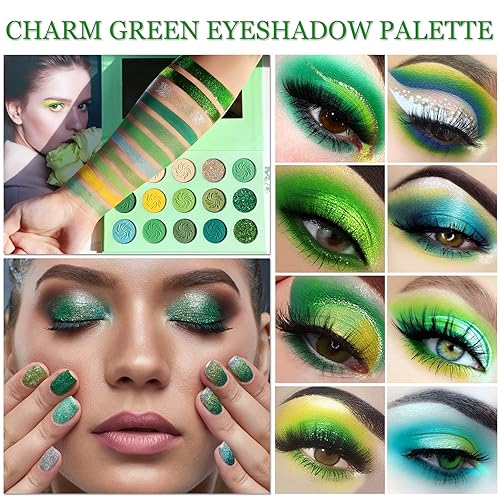 Miniatura 2 de CAHIUYOA Paleta de sombras de ojos verdes, verde esmeralda bosque, amarillo, 15 colores, sombra de ojos con purpurina mate, sombra de ojos colorida
