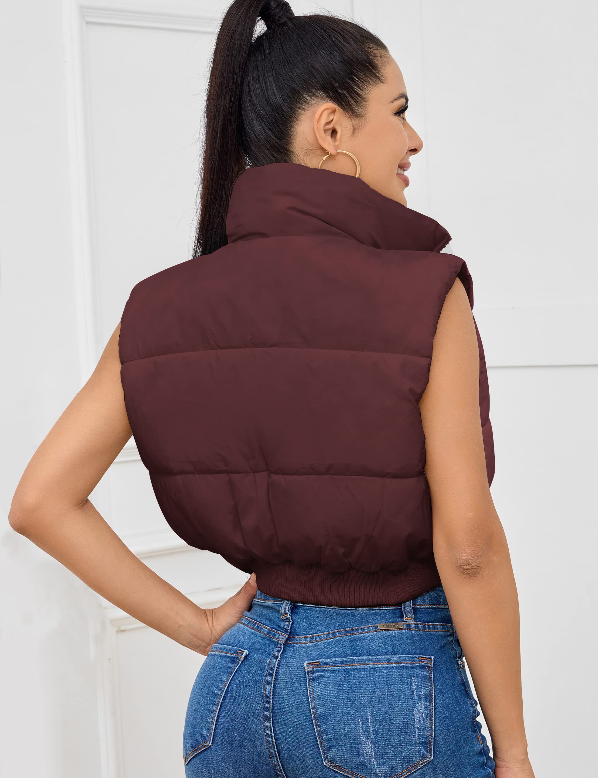 Kissonic Women's Padded Down Vest Puffer Stand Collar Zip Up Crop Sleeveless Jacket