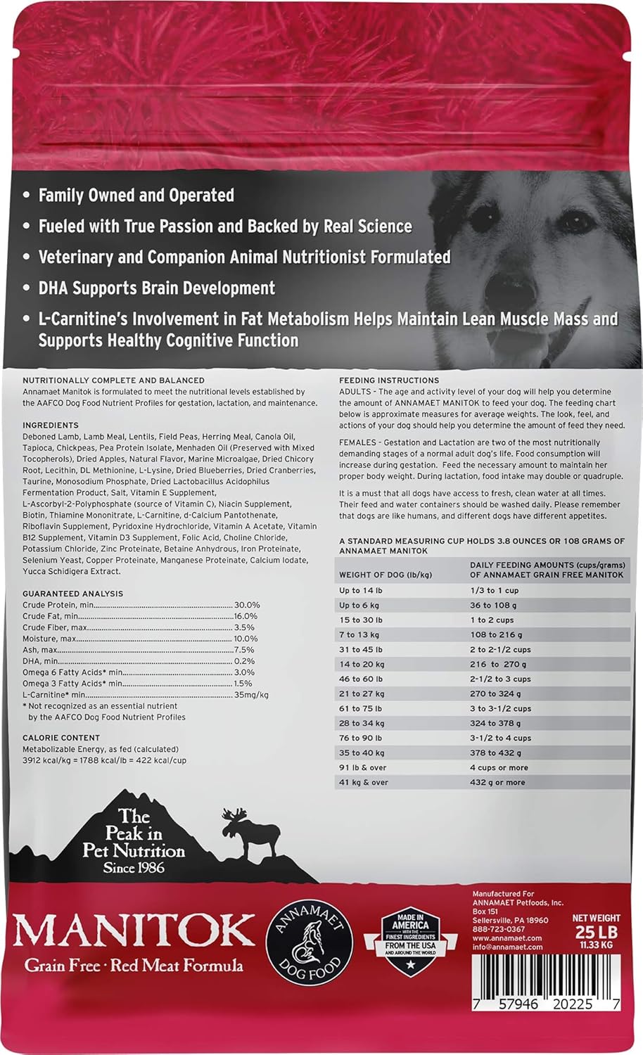 Annamaet Grain-Free Manitok Red Meat Formula Dry Dog Food, (Fresh Lamb), 25-lb Bag