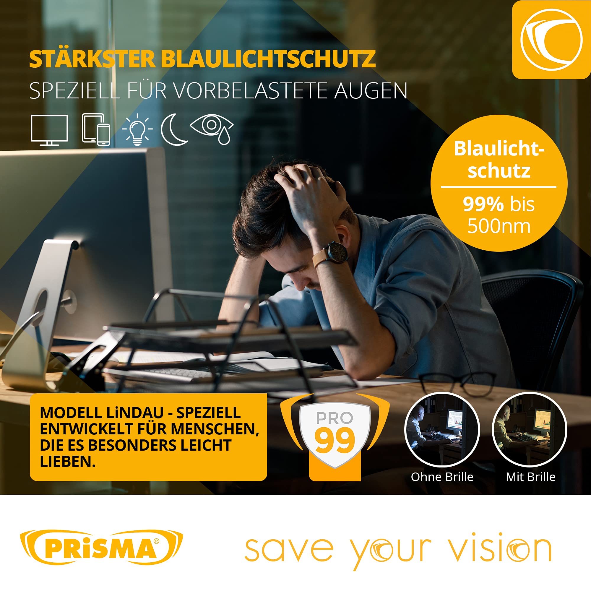 PRiSMA LiNDAU PRO99 Occhiali Filtro Luce Blu Occhiali Schermo con Filtro Luce Blu Filtra fino al 99% Luce Blu - L709