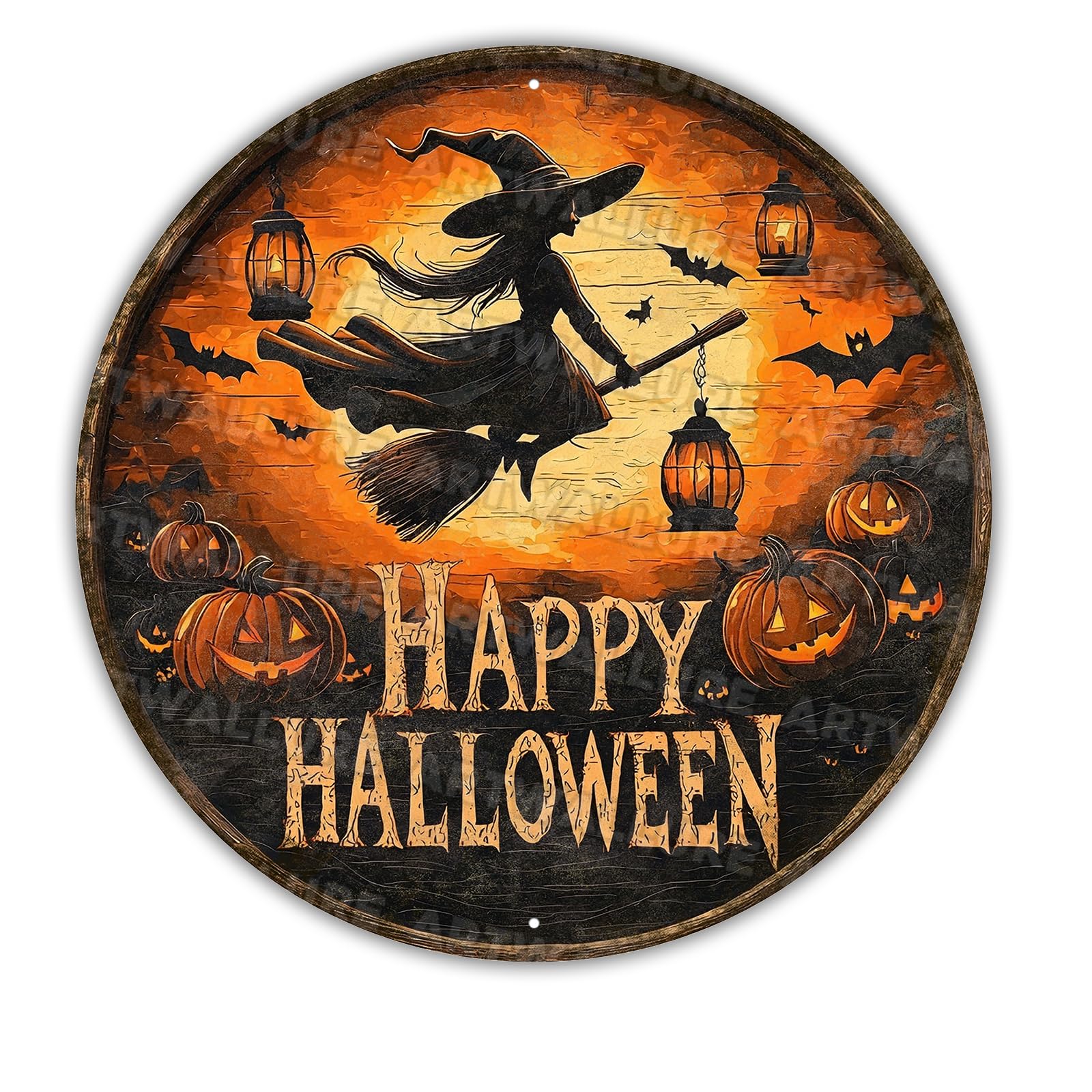 Round Happy Halloween Witch Vintage Sign Pumpkin Metal Tin Sign for Home Bar Kitchen Hotel Dining Room Coffee 12x12inch