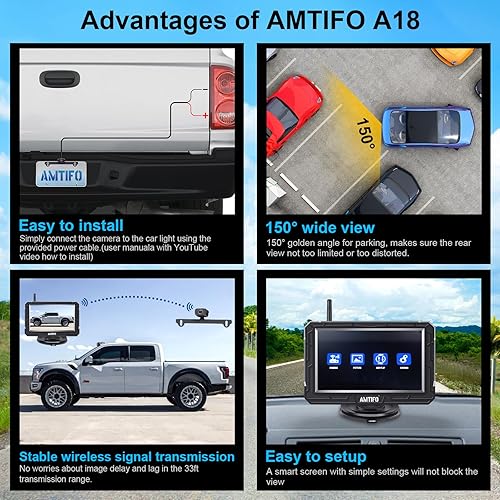 Miniatura 2 de AMTIFO A18 - Cámara de respaldo inalámbrica, remolque de enganche para camión, señal digital estable HD 1080P, cámara de visión trasera para