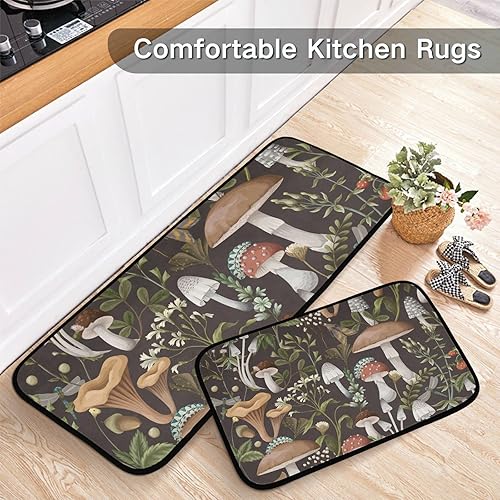 Miniatura 2 de Juego de 2 tapetes de cocina con diseño de hongos del bosque, acolchados, absorbentes de agua, cómodos, de pie