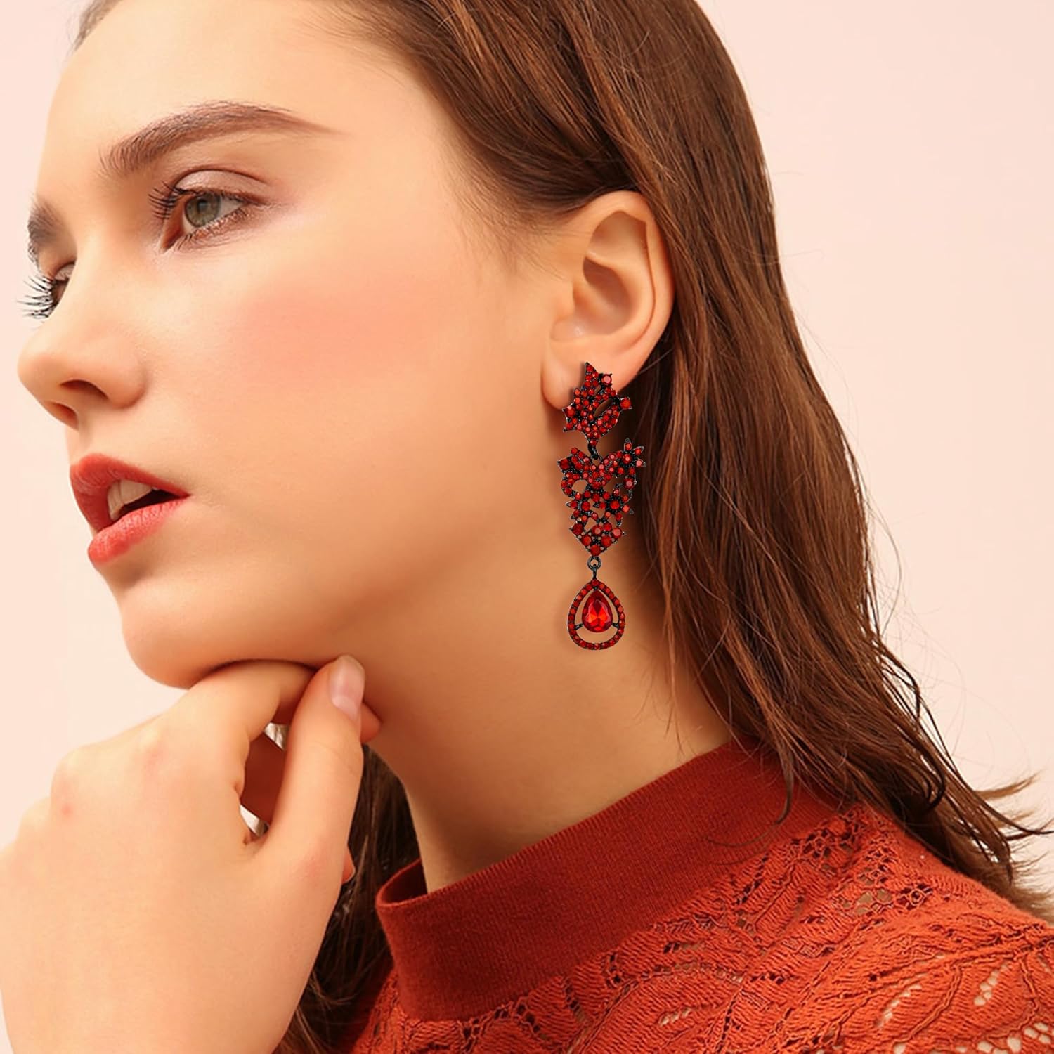 EVER FAITH Statement Dangle Earrings for Women, Costume Wedding Party Jewelry Art Deco Rhinestone Flower Teardrop Boho Chandelier Long Earring - Image 2