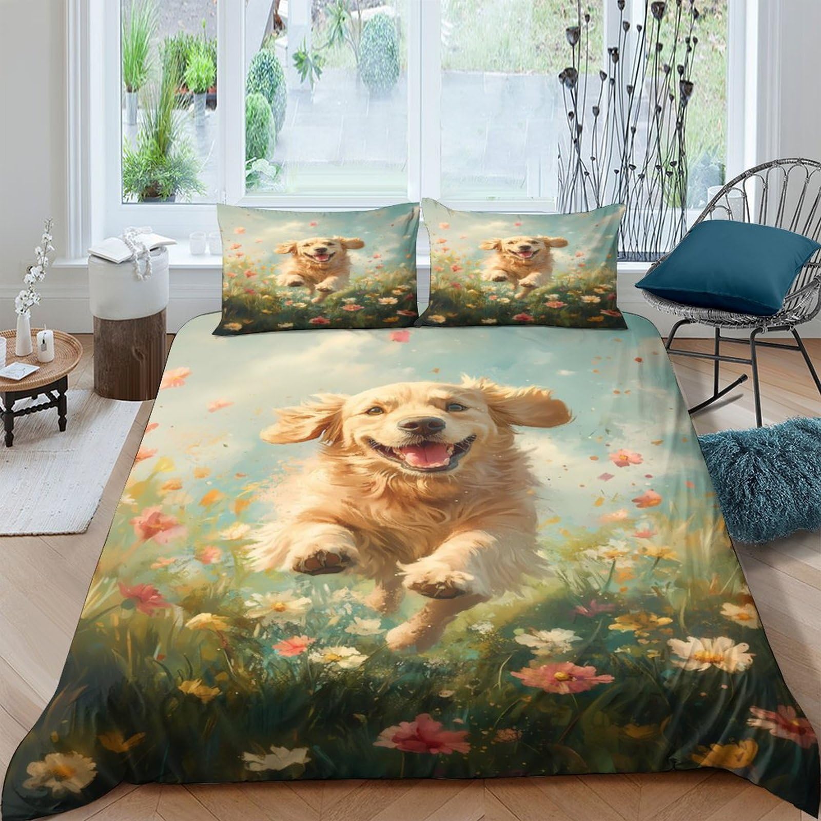 Ctjqhvkz Style-6 3D Printed Golden Retriever Fitted Sheet Microfiber Soft Floral Meadow Mattress Cover For Bedroom Guest Room Decor Single（135X200cm）