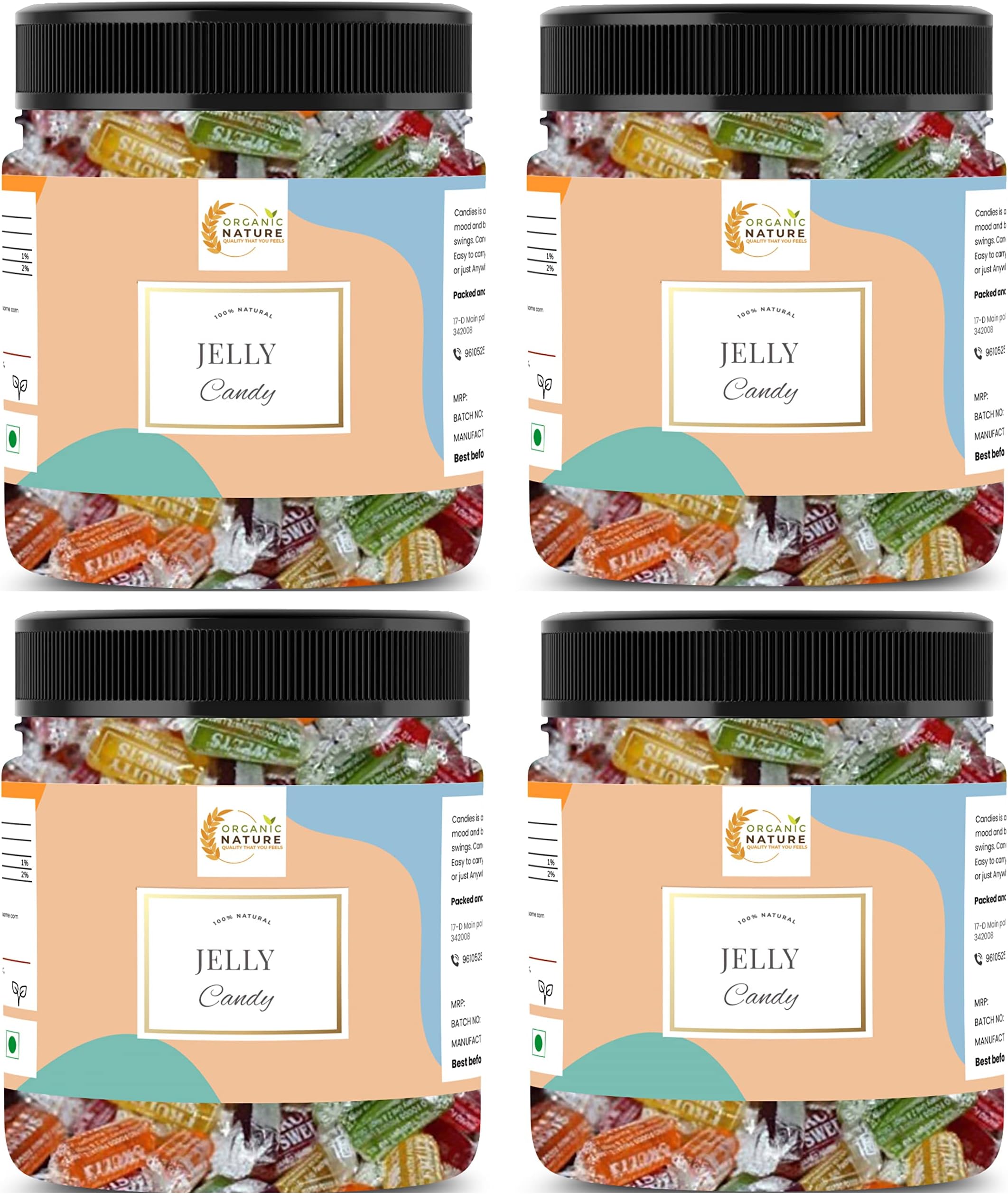 Organic Nature Jelly Candy Chocolate Fruits Flavour Mix Flavours Jar Pack (1200 Grams (Pack of 4 of 300 Grams))