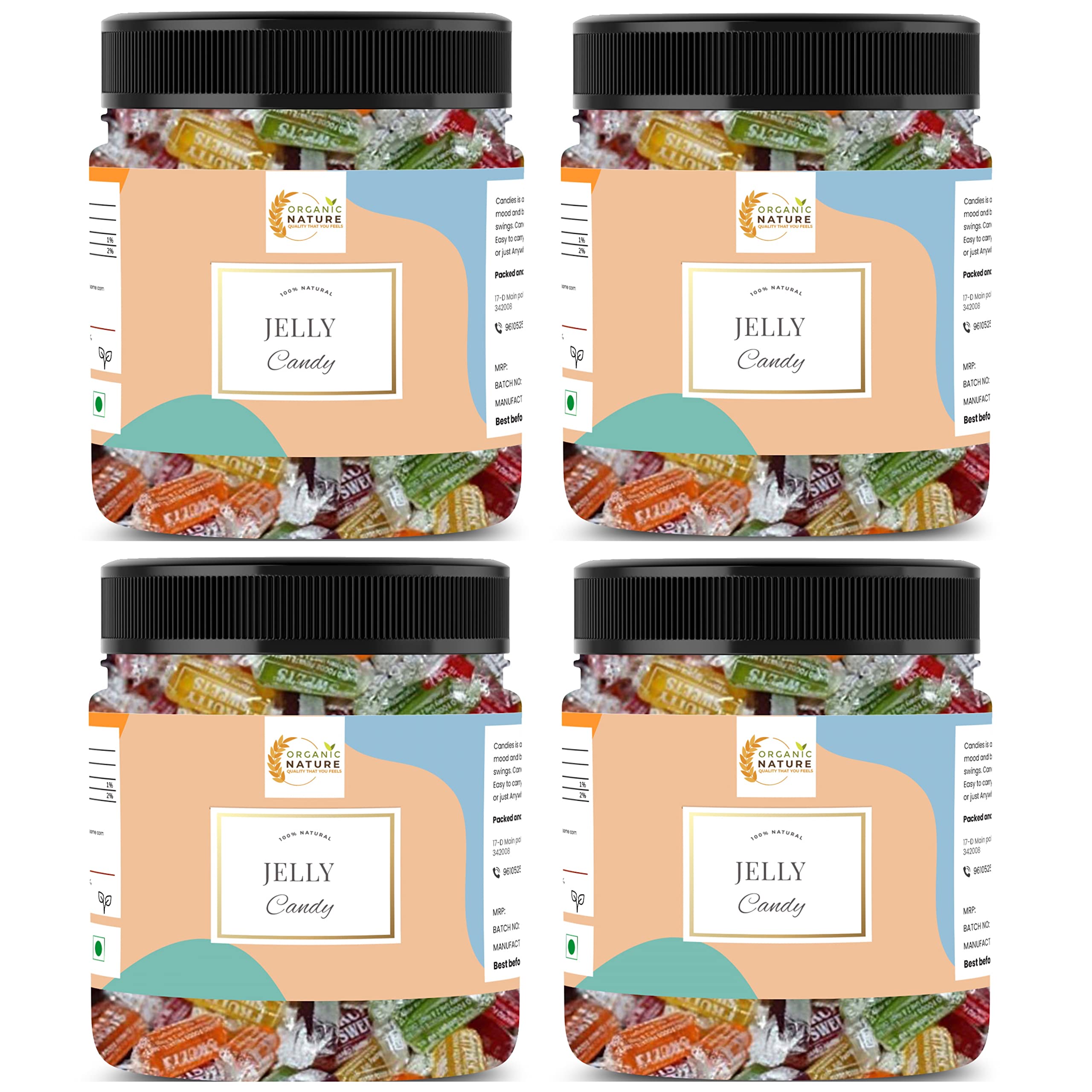 Organic Nature Jelly Candy Chocolate Fruits Flavour Mix Flavours Jar Pack (1200 Grams (Pack of 4 of 300 Grams))