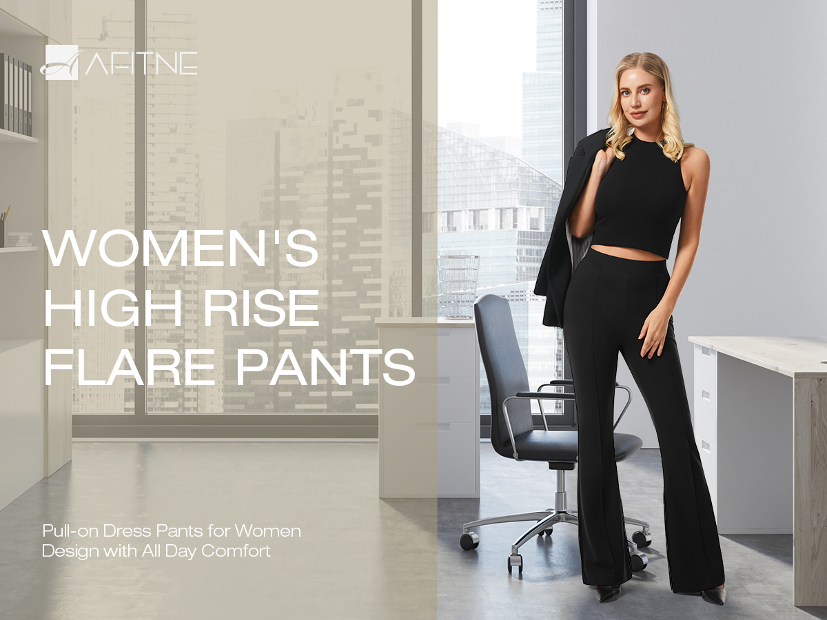 Amazon.com: AFITNE Women's Dress Pants High Rise Flare Pull On Stretchy  Work Pants Business Office Casual Slacks with Pockets 28