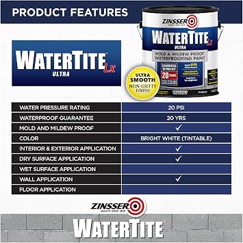 1 gal Zinsser 270267 White WaterTite-LX Mold & Mildew-Proof Waterproofing Paint