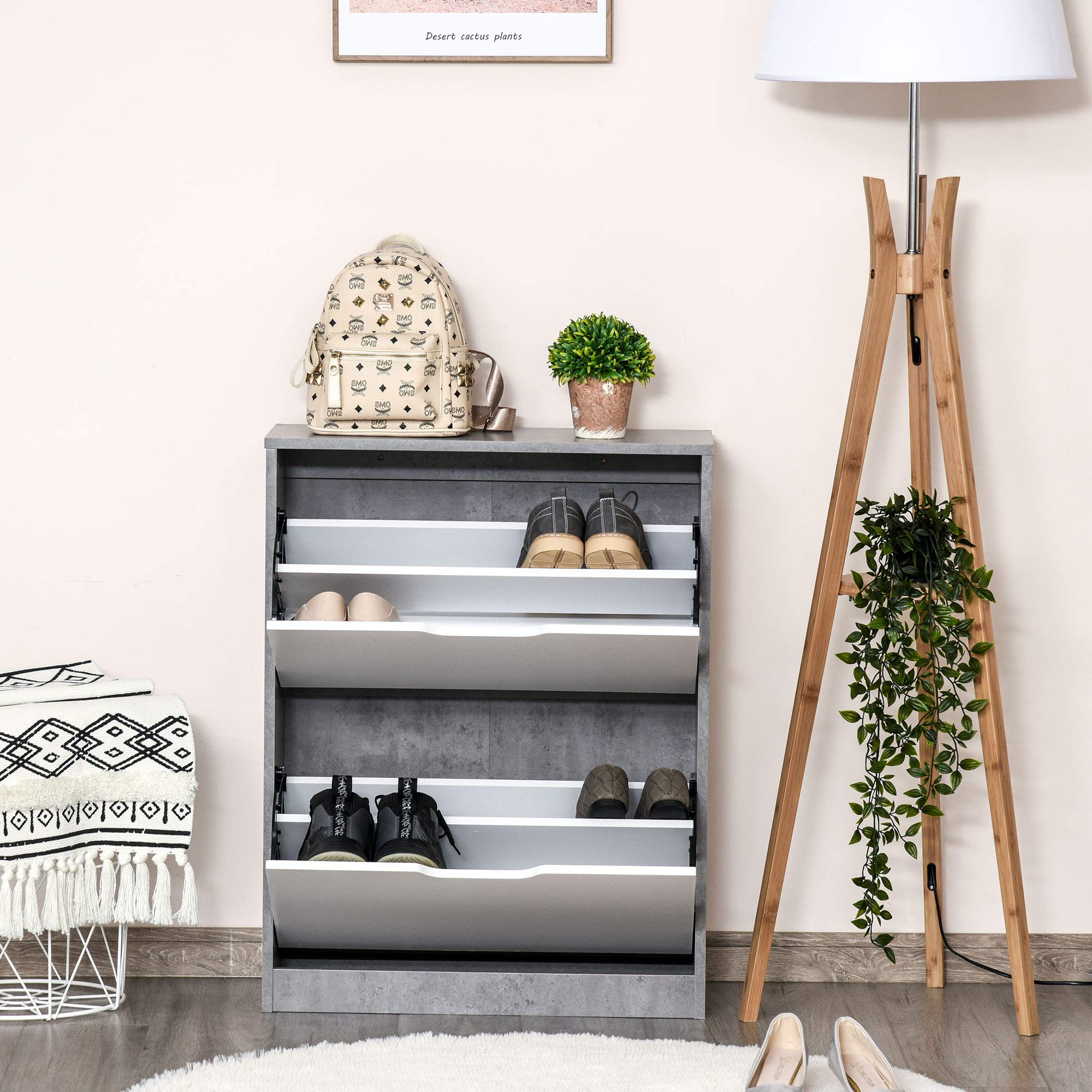 HOMCOM Scarpiera Salvaspazio Slim con 2 Ante a Ribalta, Scarpiera Ingresso con Ripiani Regolabili, Porta Scarpe per 8 Paia con Maniglia a Incavo, 62.5x26x81 cm, Grigio Cemento