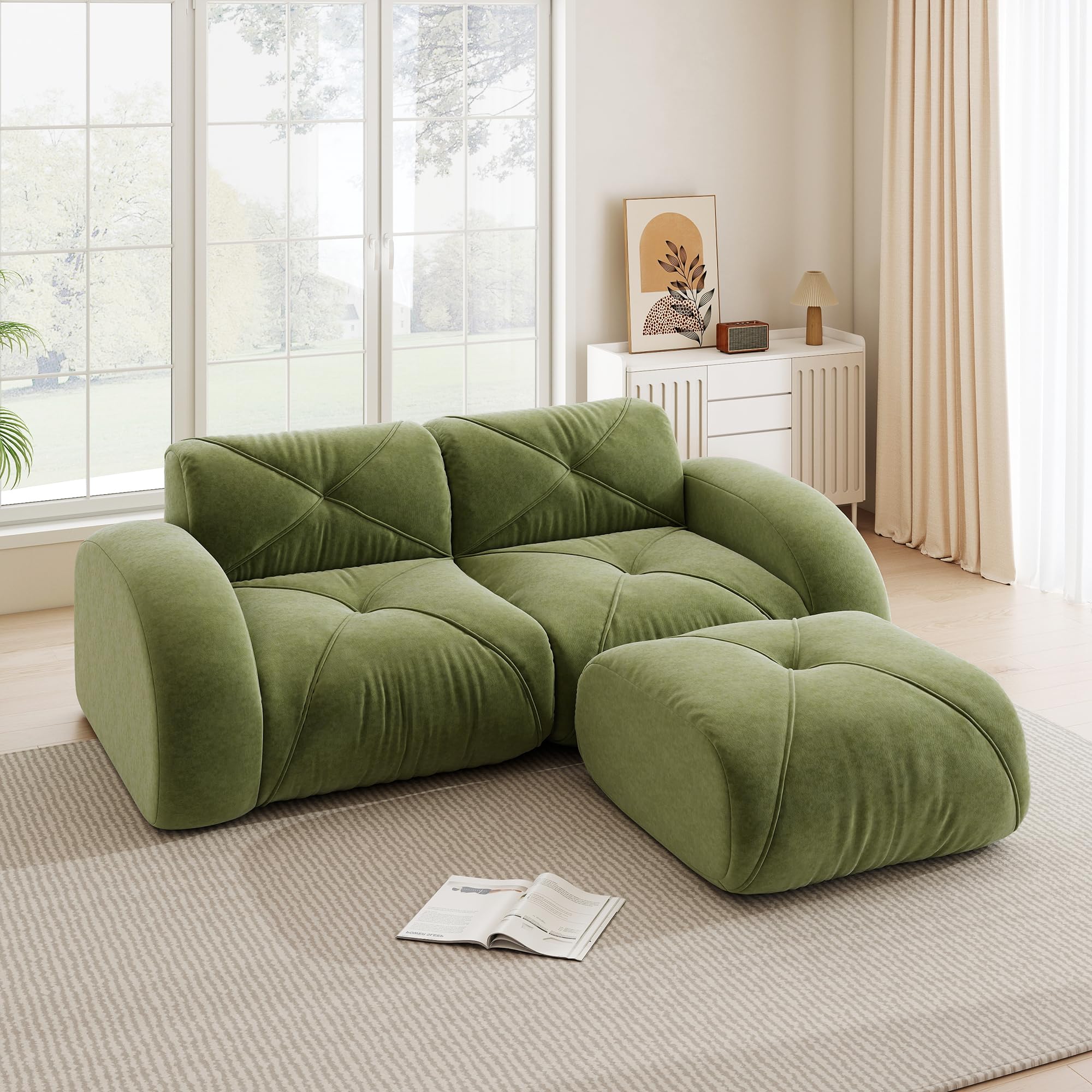 HaoChrymec Modułowa sofa 2-osobowa z pufą szenilową, salon, zielony, 204 x 171 x 76 cm