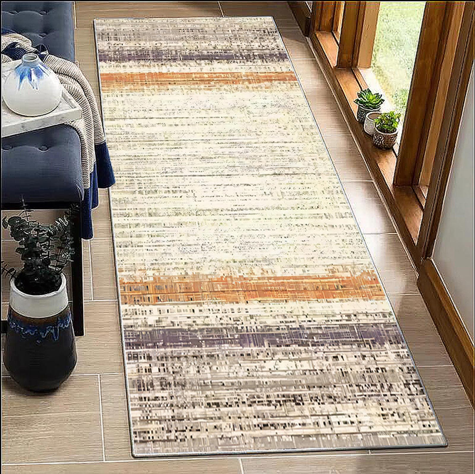 Tappeto Cucina passatoia antiscivolo lavabile 2 metri - Tappeto lungo Crema per corridoio/ingresso - Design resistente per bagno lavanderia salotto - Astratto moderno 40x200cm