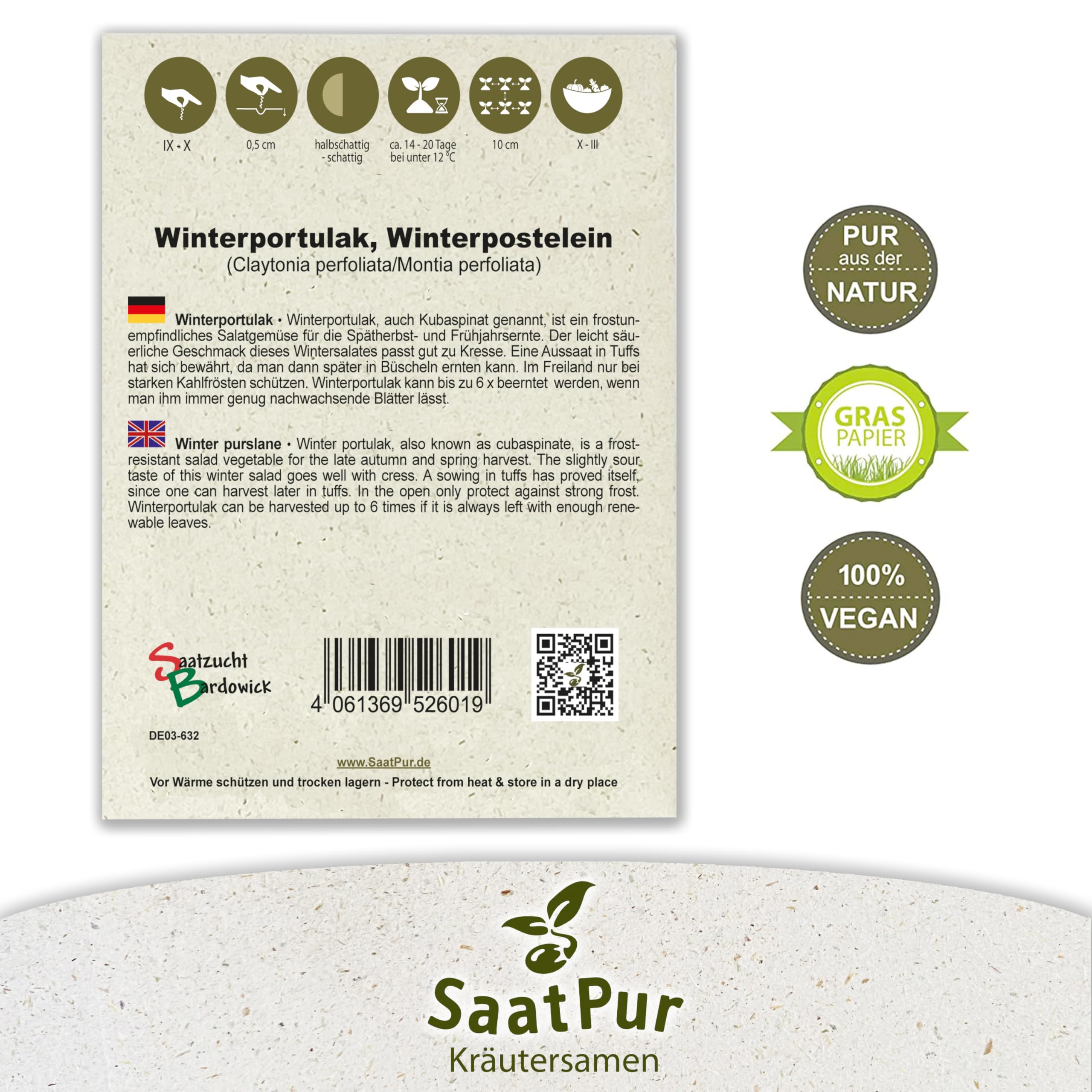 SaatPur Winterportulak Samen, Saatgut - Kleines Tray mit 25 Portionstüten für je ca. 1500 Pflanzen