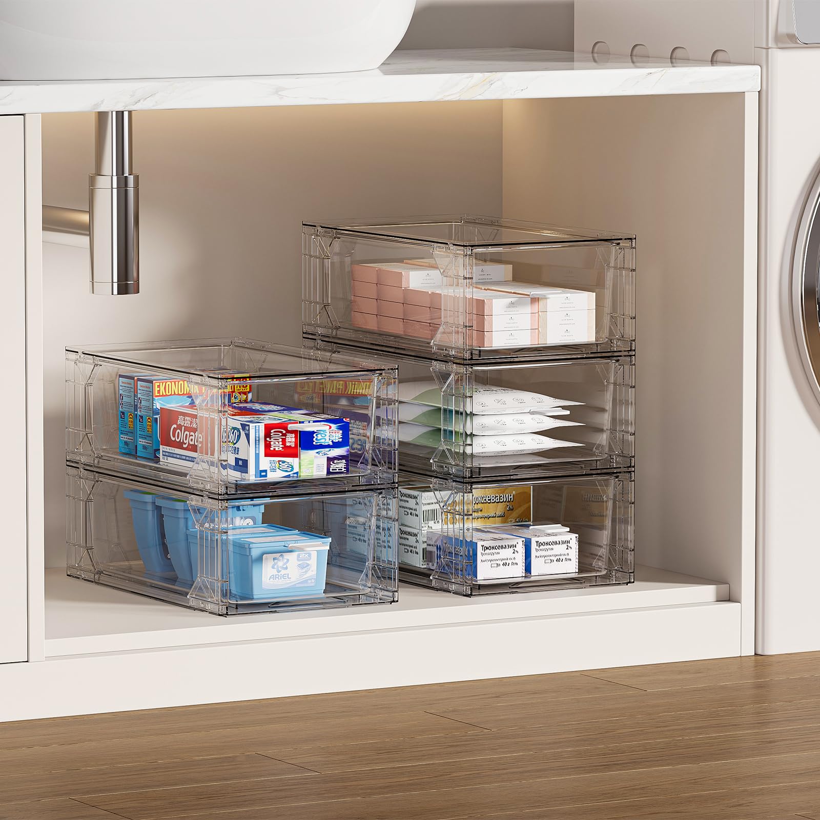 6er Set Transparente Aufbewahrungsboxen im Schubladenstil - Stapelbarer Medikamenten Organizer 31x18,5x11cm für Bad Küche Büro Kosmetika