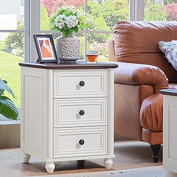 18" Farmhouse Night Stand, White Wood Nightstand with 3 Drawers, Bedside End Table with Storage and Roman Column, Bed Side Tables Cabinet for Bedroom, Living Room, and Closet