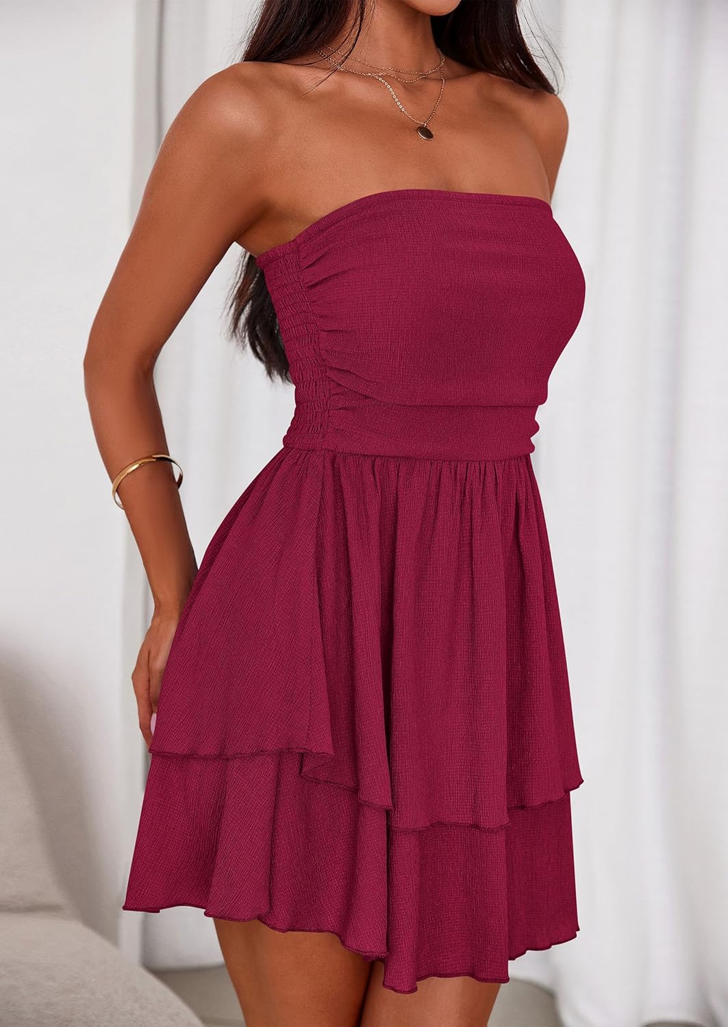 PRETTYGARDEN Women's 2026 Summer Strapless Tube Mini Dress Off Shoulder Smocked Ruffle A Line Flowy Short Party Club Dresses